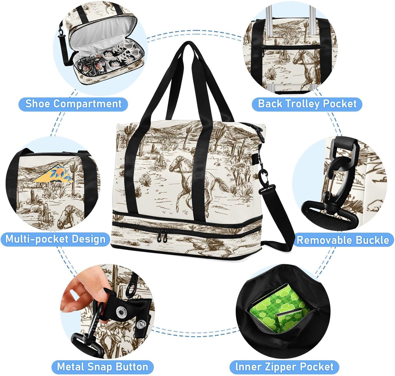 Blueangle Western Desert Cowboy Travel Duffel Bag, Waterproof Sports Tote Gym Bag with Shoes Compartment, Shoulder Weekender Overnight Bag for Women Men - Image 5