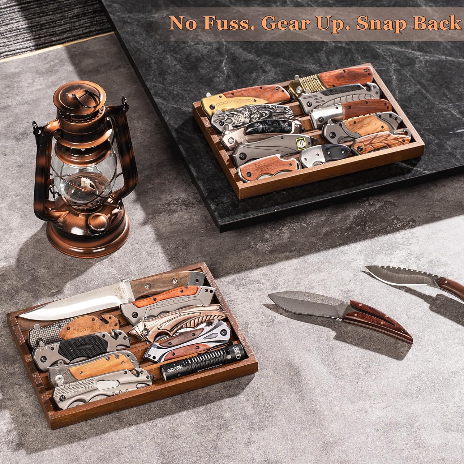 Large Pocket Knife Display Case Knife Holder for Pocket Knife Case Storage, Edc Tray Fits Edc Flashlight (Walnut,1 Pack)
