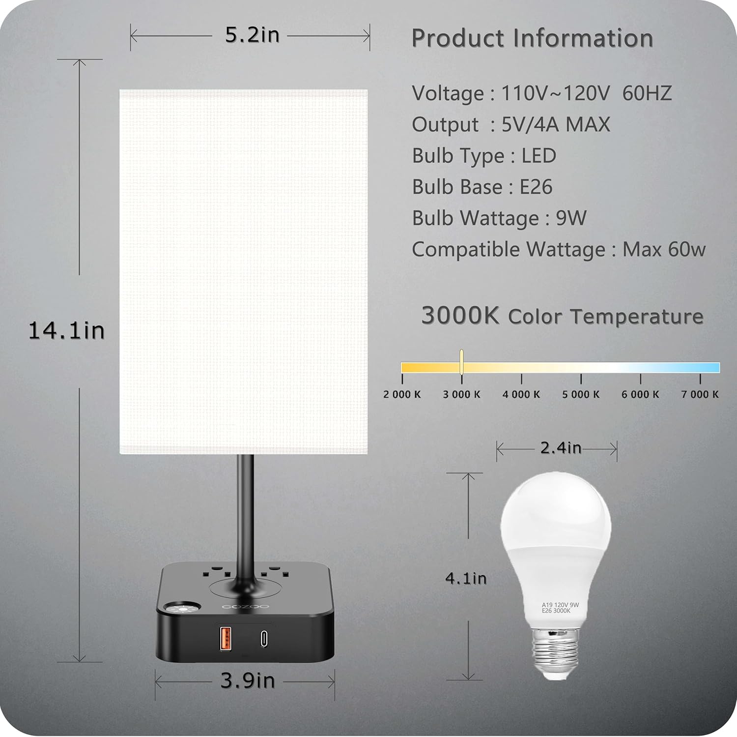 Table Lamp Dimmable cozoo USB Bedside Table Desk Lamp with 2 USB Charging Port(A+C) 2 Outlet,Nightstand Lamp with Charger Base White Fabric Shade,LED Touch Lamp for Bedroom/LivingRoom/Dorm/Home Office