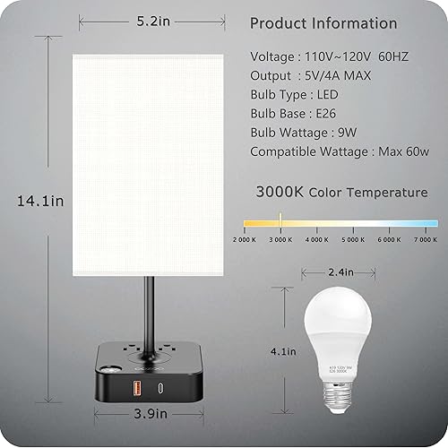 Miniatura 7 de Lámpara de mesa regulable cozoo USB para mesita de noche y escritorio con 2 puertos de carga USB (A+C) y 2 tomas de corriente, lámpara de mesita de