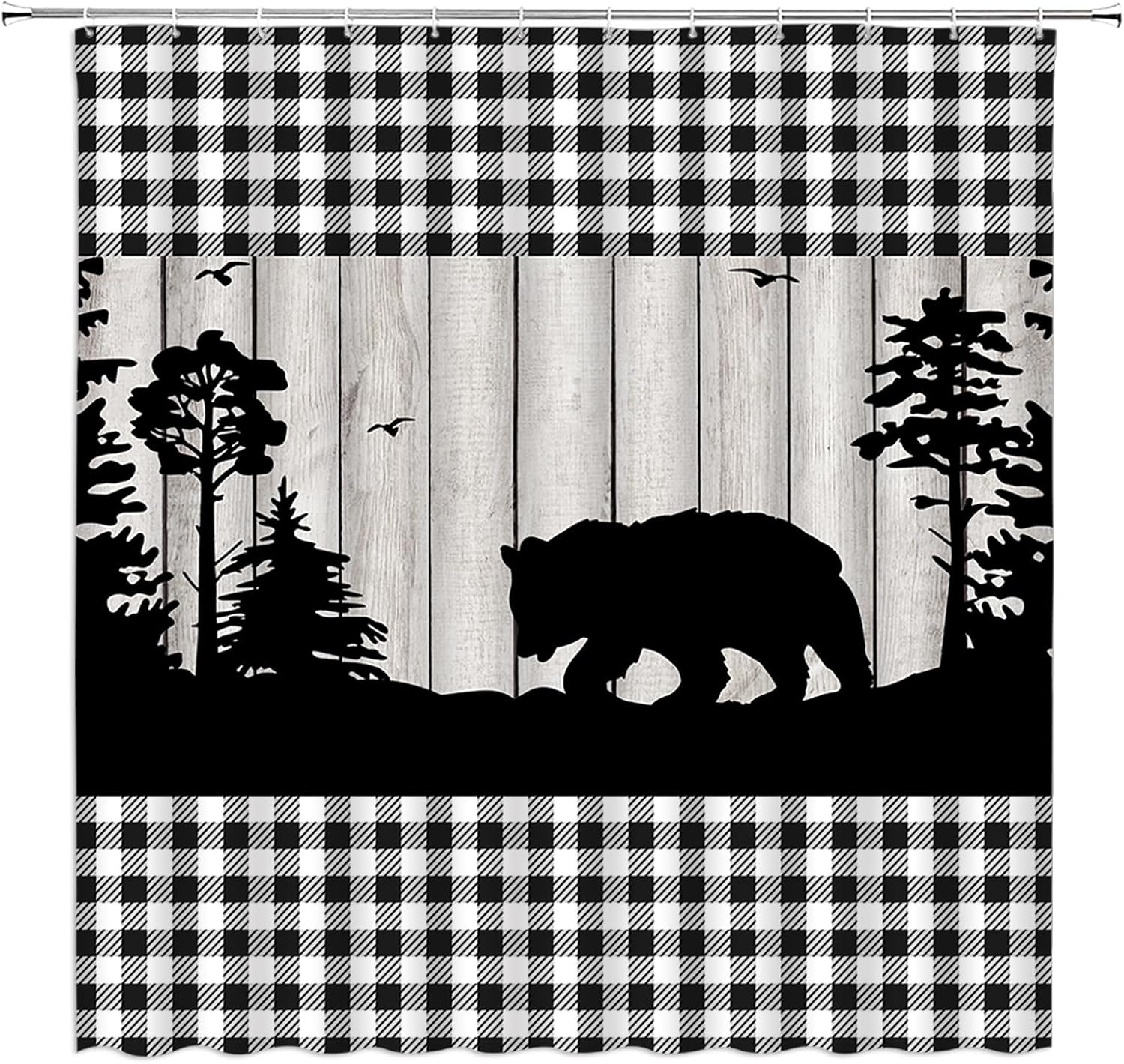 2pcs Rustic Bear Shower Curtain Set with Rug Red Black Buffalo Check Plaid Wild Animal Forest Cabin Hunting Lodge Farmhouse Fabric Bathroom Curtain Set with Hooks
