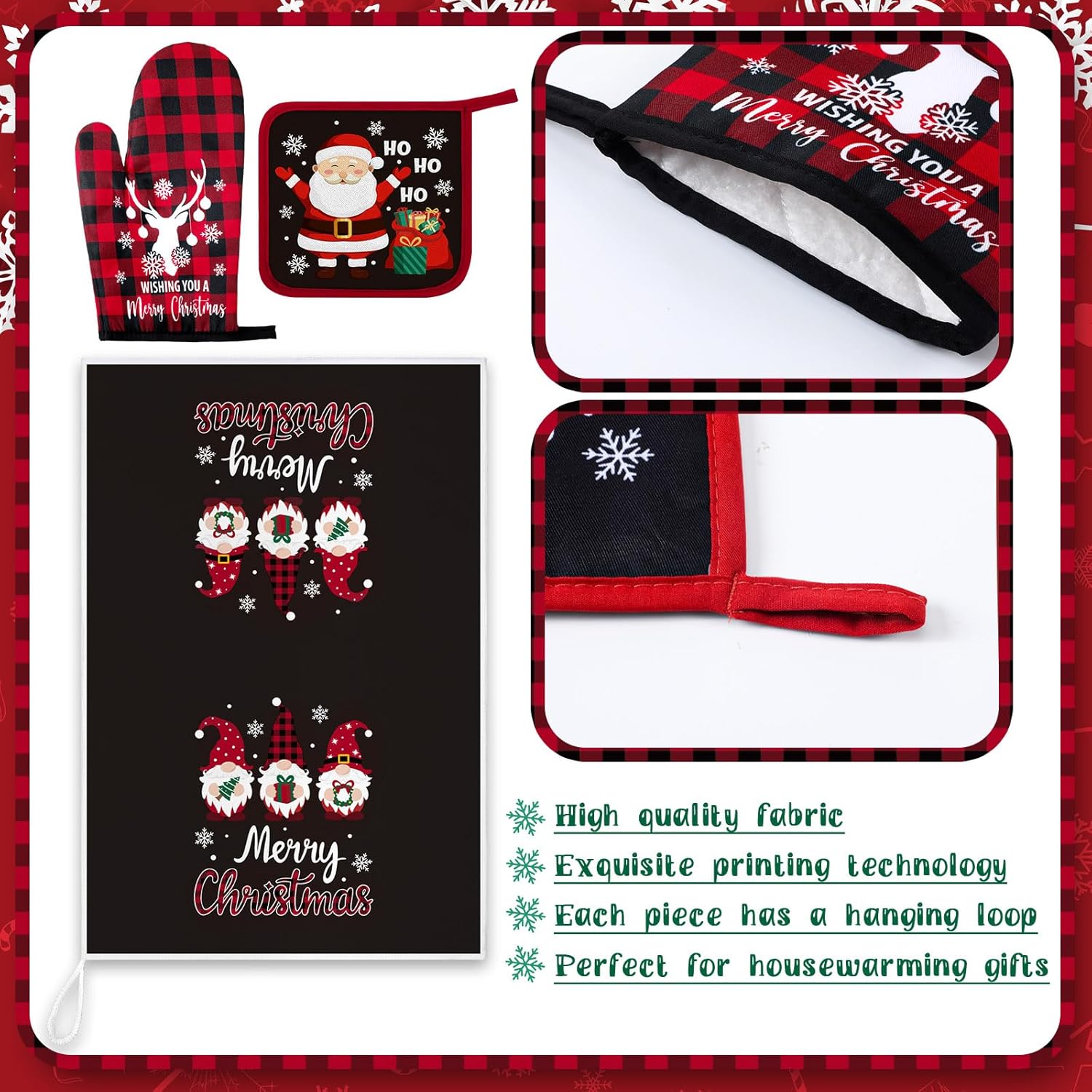 Bencailor 8 Pcs Christmas Buffalo Plaid Kitchen Towel Pot Holders and Oven Mitts Set Santa Claus Dish Towels Snowman Deer Heat Resistant Oven Gloves for Xmas Cooking Baking Grilling - Image 5