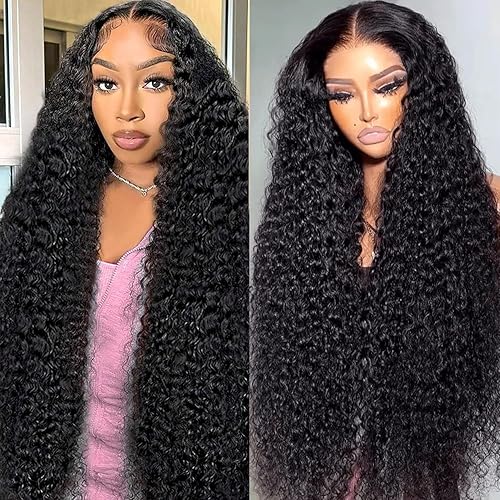 13x6 Deep Wave Lace Front Wigs - 200% Density HD Transparent Frontal Wigs - Glueless, Pre-Plucked with Baby Hair - Natural Black (30Inch)