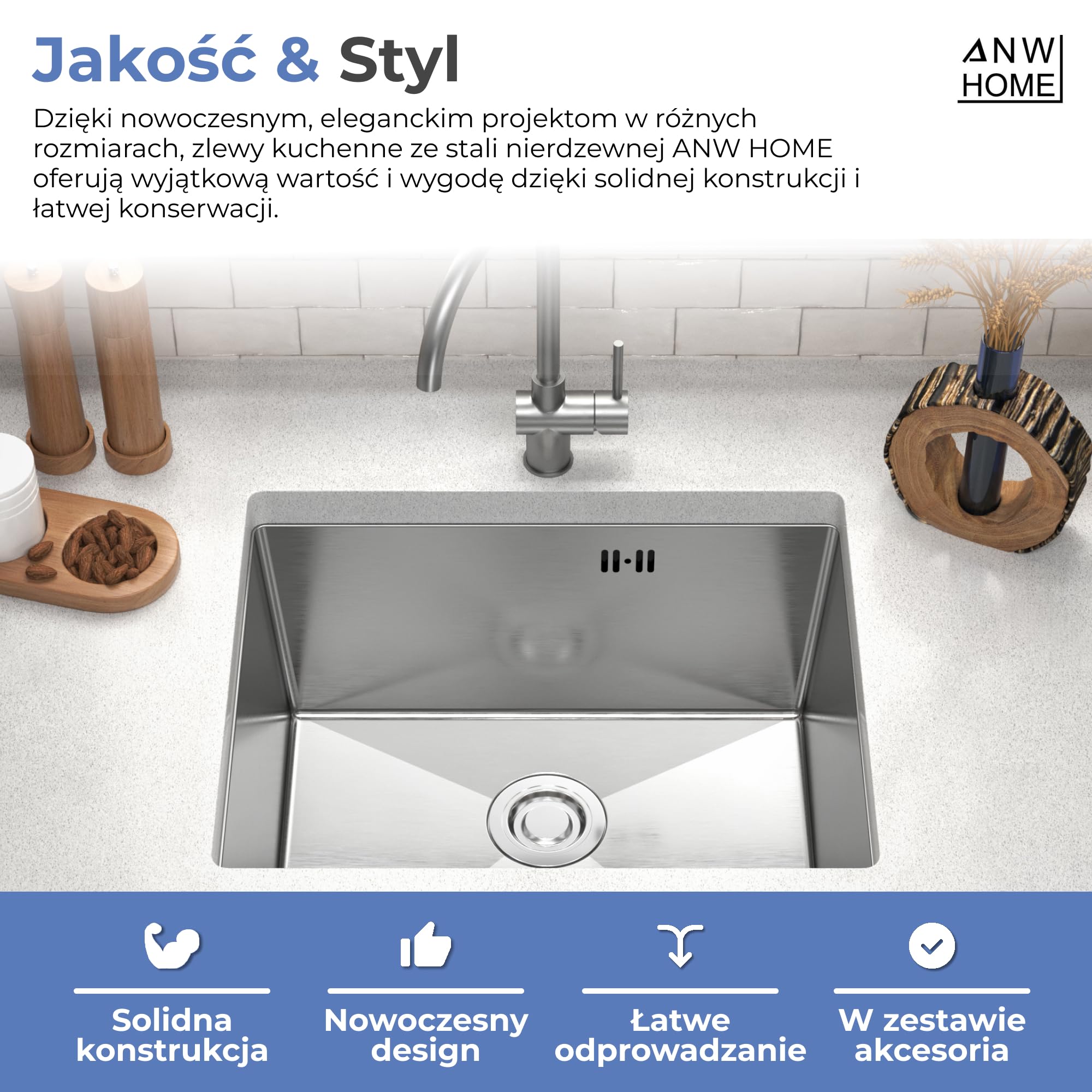 ANW HOME Zlewozmywak Kuchenny 1-komorowy 54x44 cm, Stal Nierdzewna 304 | Wpuszczany/Podblatowy, Powłoka Nano, Grubość 3.0+1 mm, Głębokość 22 cm, Z Syfon