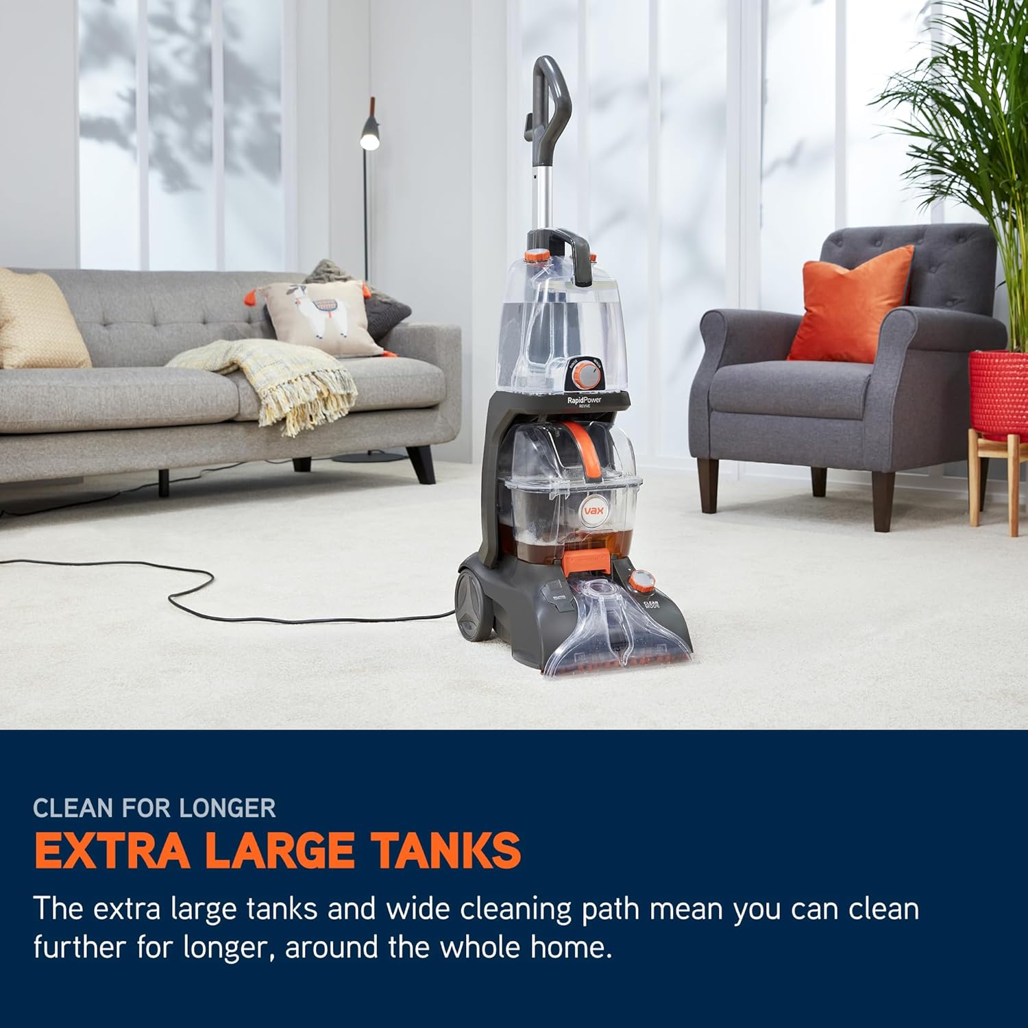 Vax Rapid Power Revive Carpet Cleaner Machine, Rug, Upholstery, Car, Stair Upright Shampooer Washer, Handheld Spot Cleaning Wash Tool, Solution, 1200W, Grey/Orange, CWGRV011