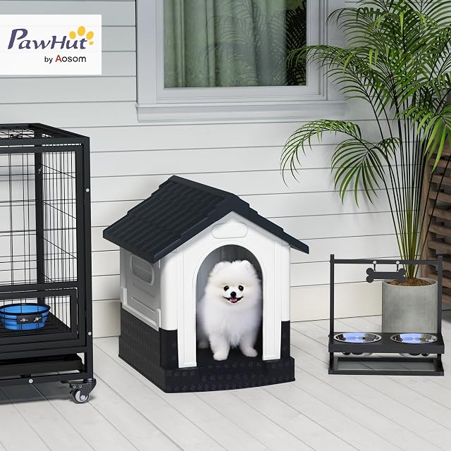Foto 2 de 8 de PawHut Caseta para Perros Mini Exterior 3 Ventanas 64,5x57x66cm Gris Oscuro