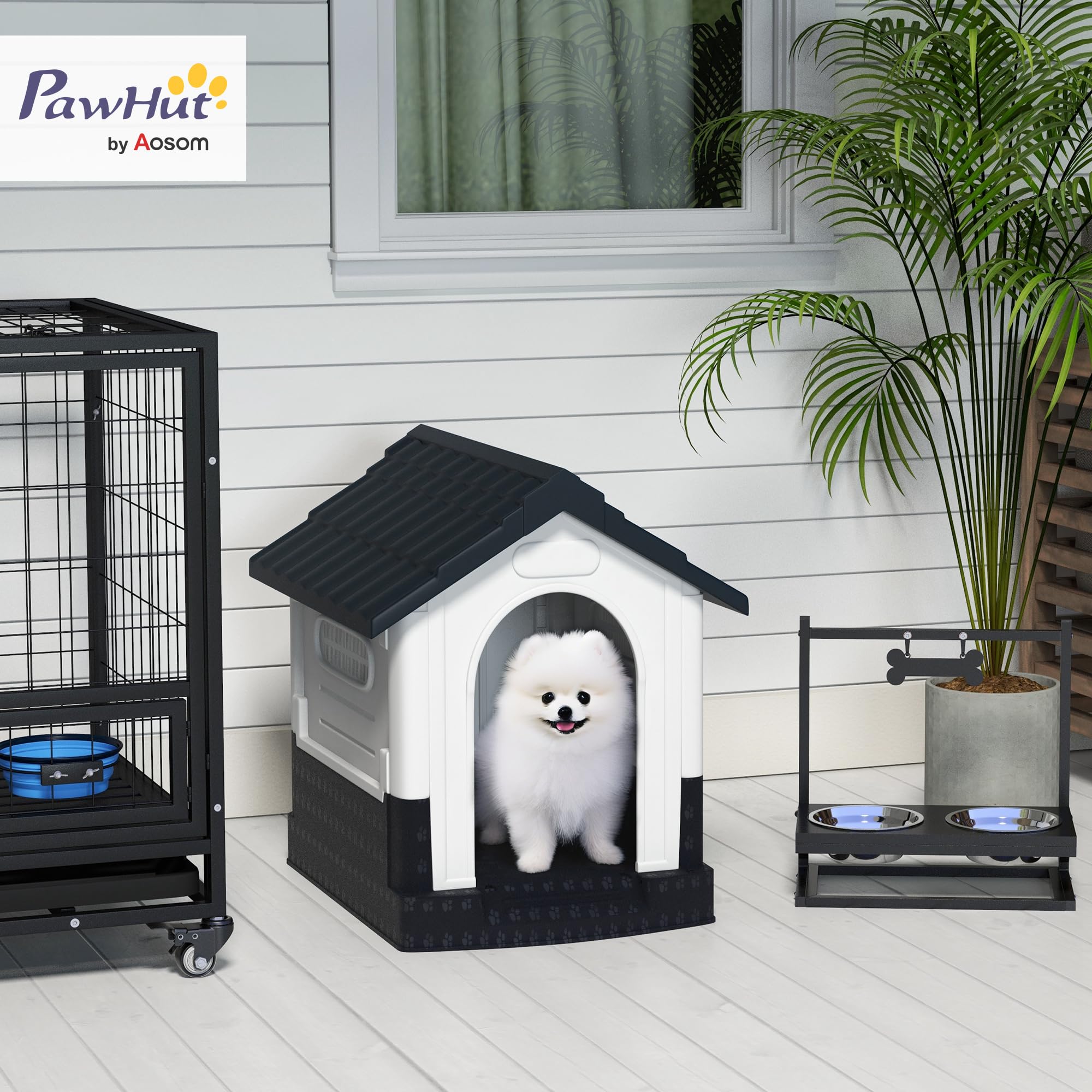 PawHut Caseta para Perros Mini para Exterior, Casa para Perros de Plástico con 3 Ventanas, Base Elevada, Techo de Tejas de Imitación, 64,5x57x66 cm, Gris Oscuro