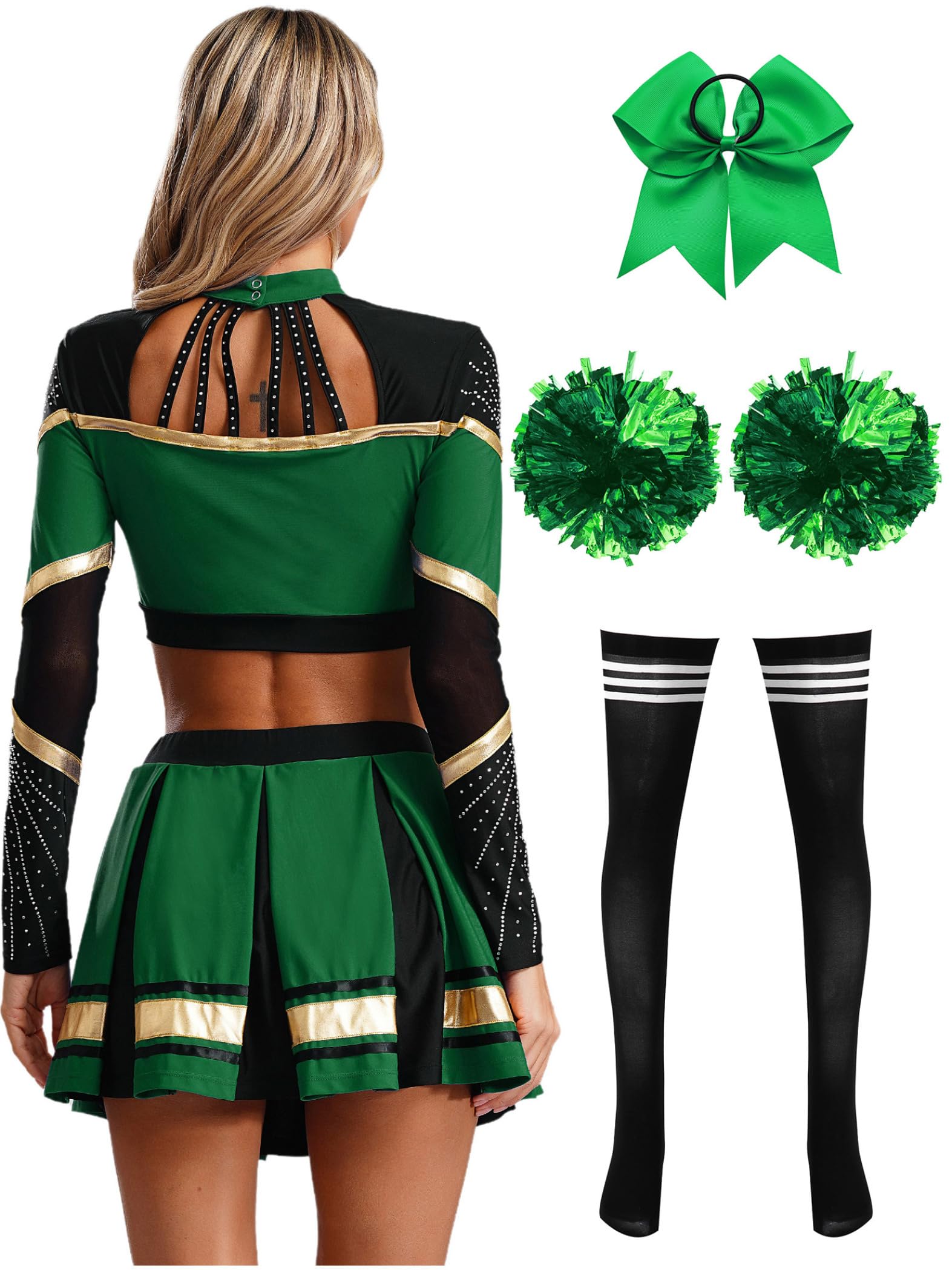 Damen Cheer Leader Kostüm Cheerleading Uniform 5tlg.Langarm Crop Tops mit Rock Pompoms Socken Haarband Tanzkleid Karneval Fasching Partykleid