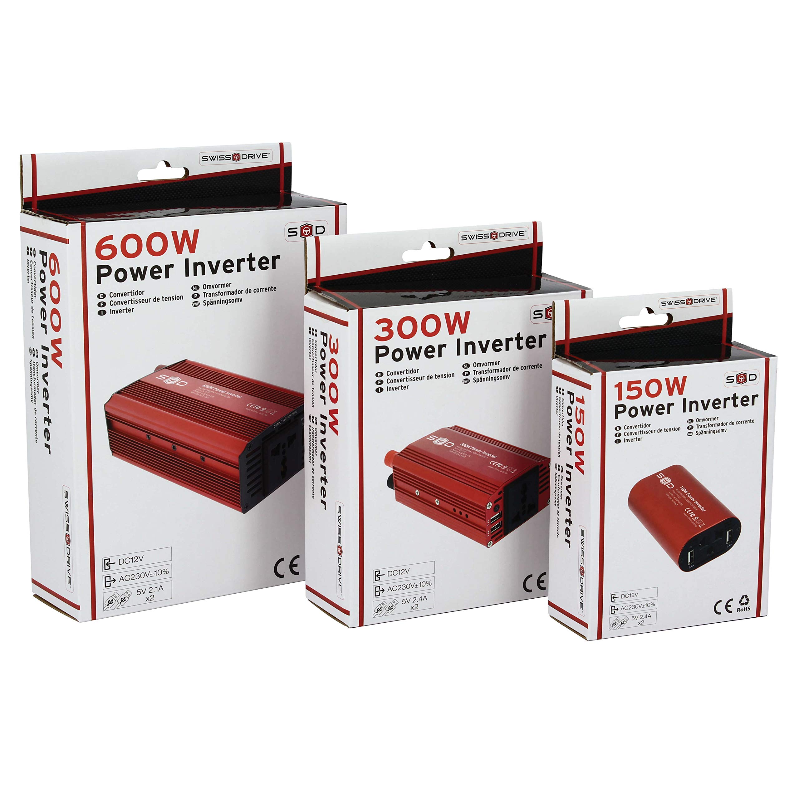 S SUMEX PIN600W Convertidor Inversor Coche 600W / 1200W, Corriente DC 12V 230V con 2 Puertos USB 5V 2.1 A. Onda Pura, Toma AC para Portatil, Movil, TV, Tablet