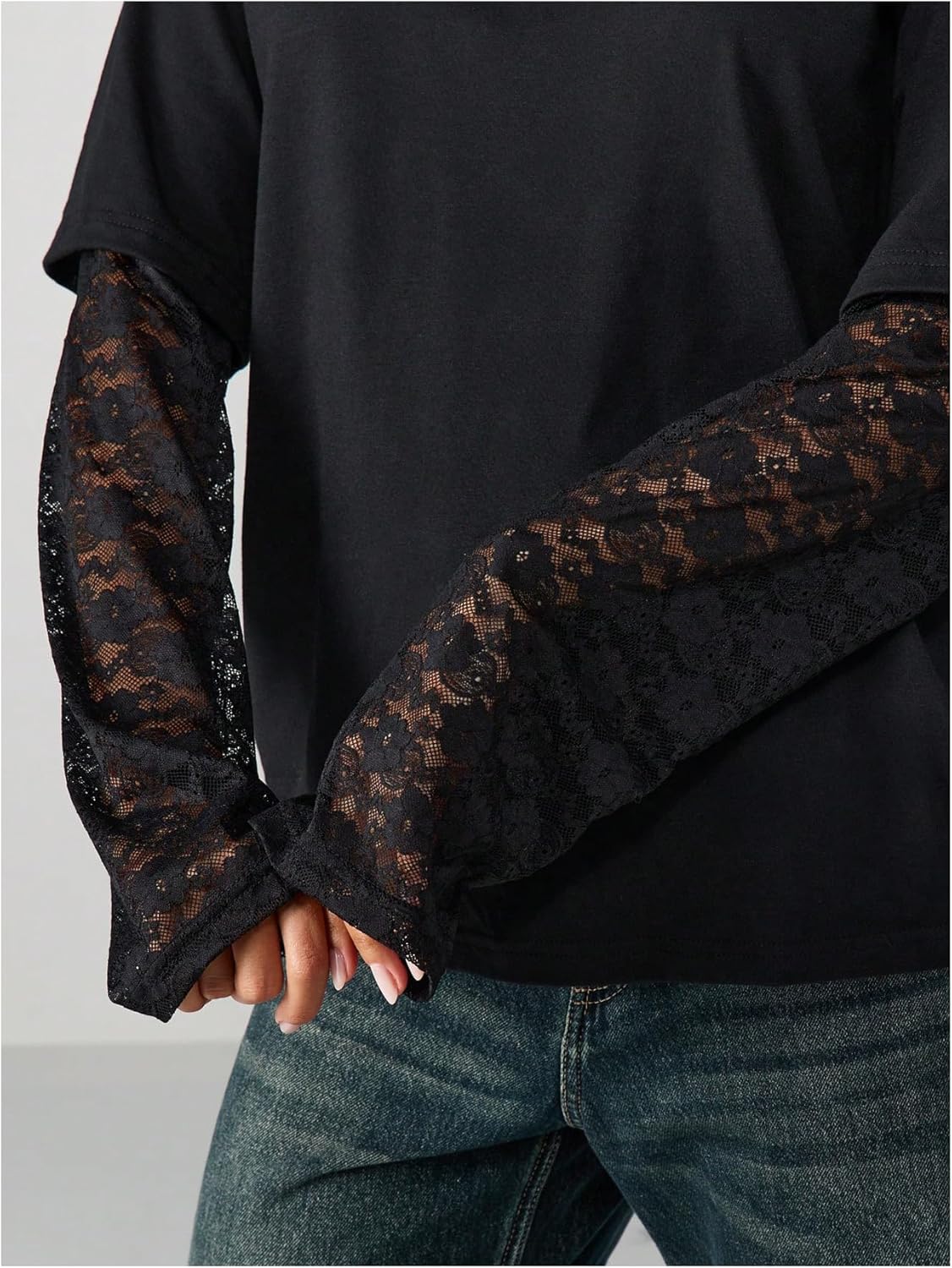 SweatyRocks Women's Long Sleeve Oversized T Shirts 2 in 1 Tops Casual Lace Going Out Tops - Image 5