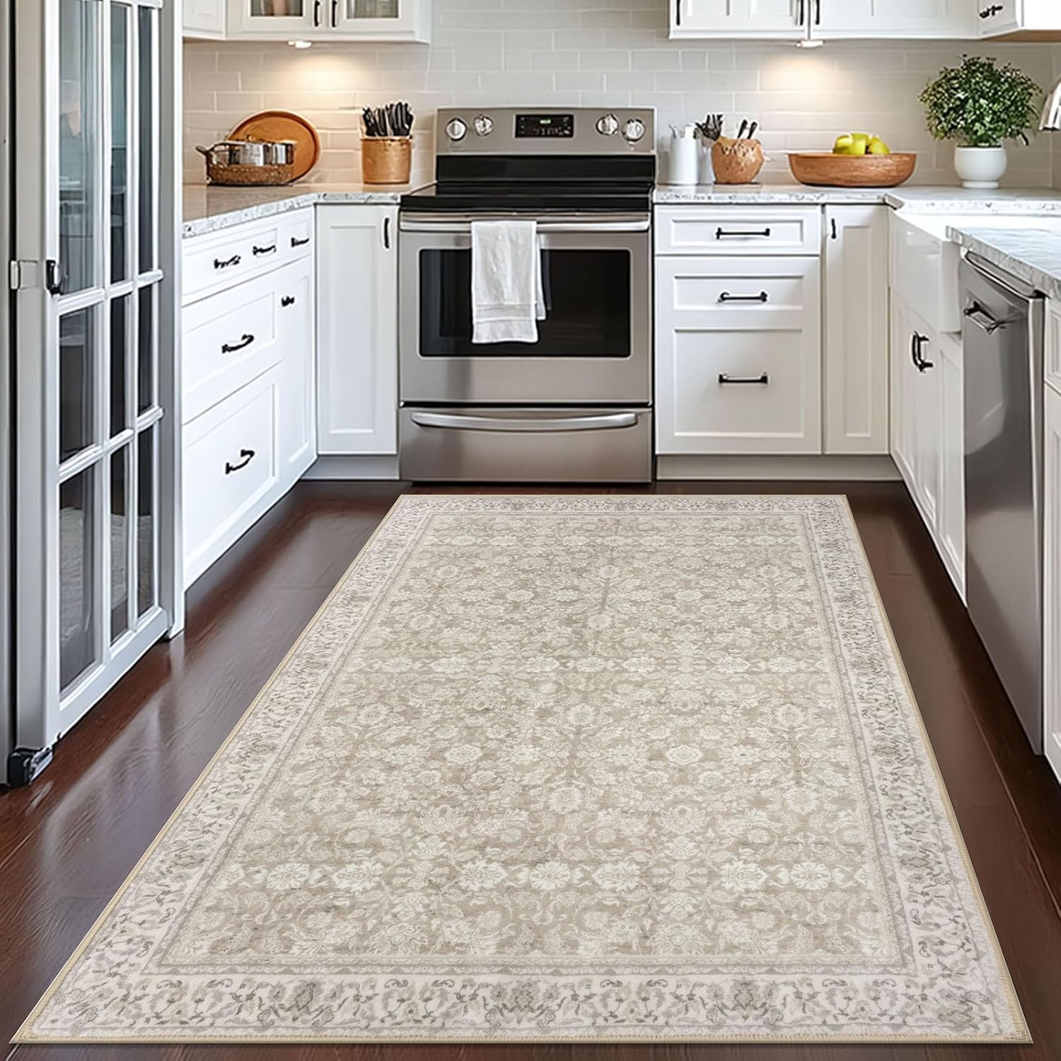 SIILOOM 4x6 Washable Rug Cream Beige Yellow White Grey Small Area Rug for Entryway Soft Non-Slip Indoor Door Rugs Distressed Floral Low-Pile Doormat, Neutral Vintage Carpet for Entrance Kitchen