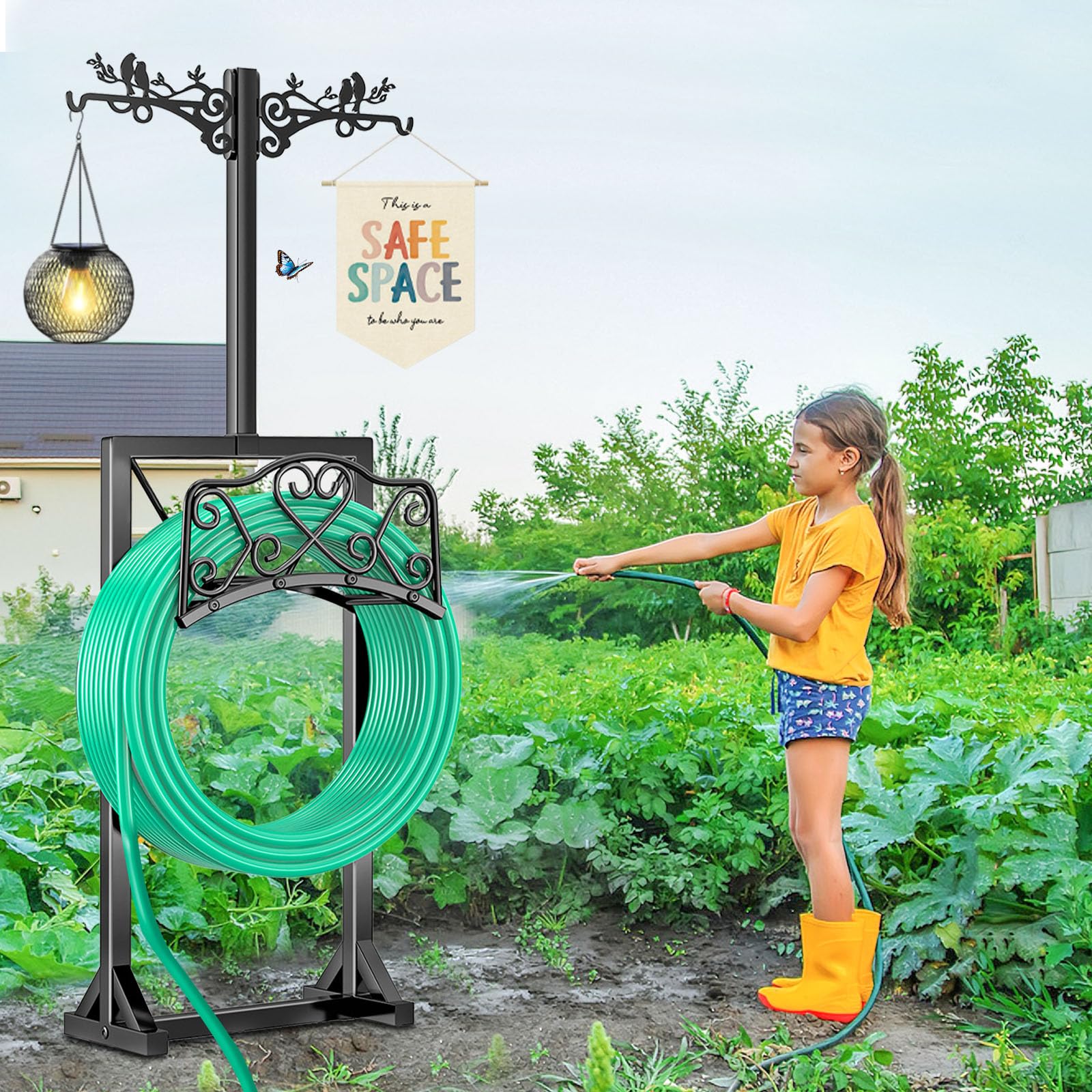 160CM Gartenschlauchhalter Freistehend mit 2 Vogelstatuen Haken | Wasserschlauchhalter Mit 5 Spikes,hält 45 m Schlauch,Abnehmbarer Schlauchständer,Schwarz Für Außenbereich Hof Rasenplatz