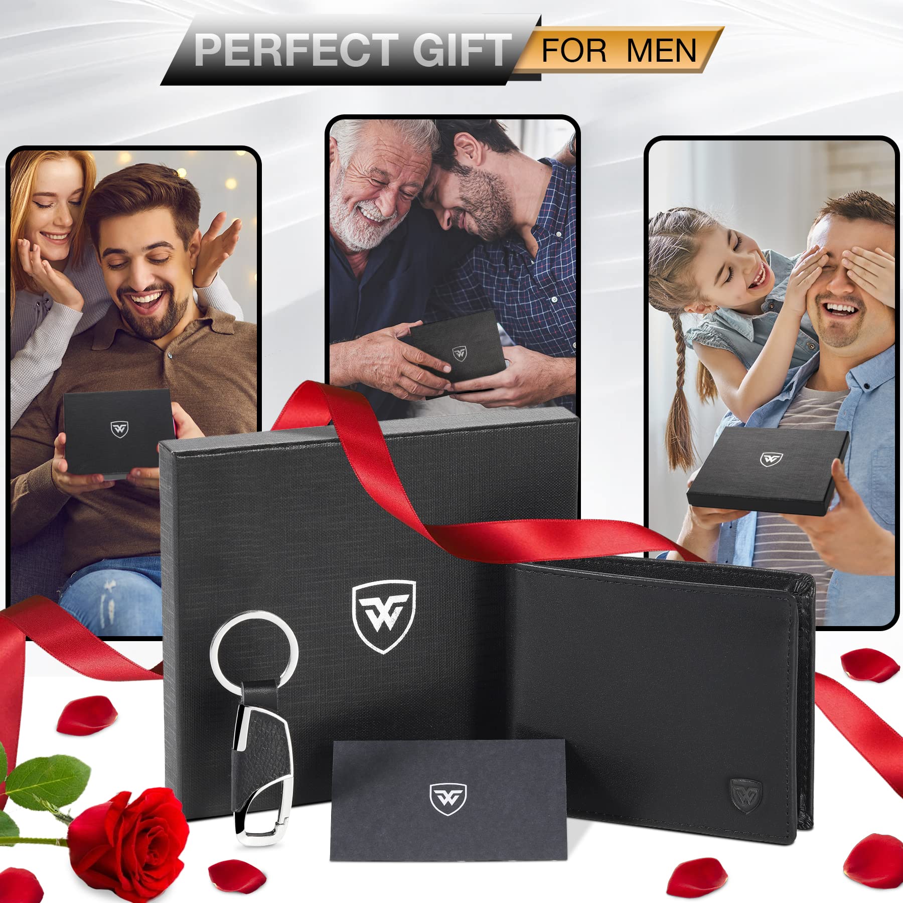 WONSEFOO Portafoglio Uomo Vera Pelle Blocco RFID, Piccolo con 9 scomparti per carte di credito, 1 portamonete, 1 Finestra ID, 1 portachiavi, Set Regalo - Nero