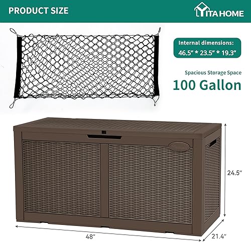 Miniatura 8 de YITAHOME 100 Gallon Large Deck Box wStorage Net, Resin Outdoor Storage Boxes, Waterproof Patio Cushion Storage Bench for Patio Furniture, Pool
