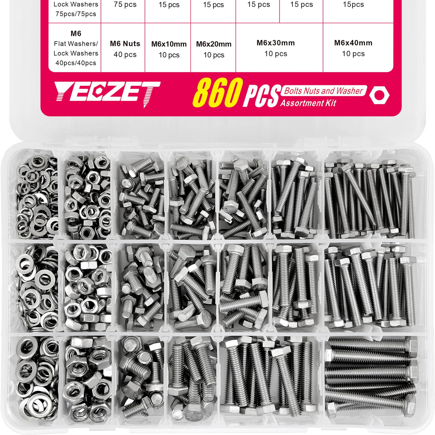 Assortiment de 860 boulons métriques en acier inoxydable 304, boulons et rondelles M4 M5 M6, 14 tailles les plus courantes