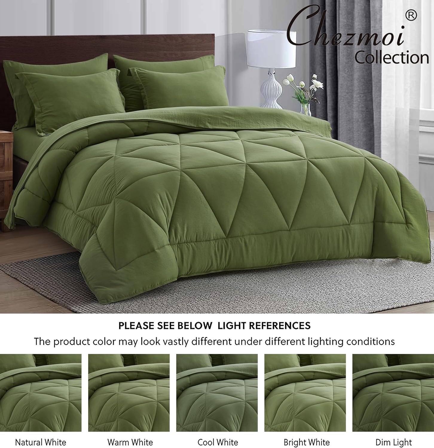 Chezmoi Collection Jasper Olive Green Queen Size Bed in a Bag 7-Pieces Triangle Geometric Quilted Stone Washed Microfiber Comforter with Sheets Lightweight All Season Bedding Set