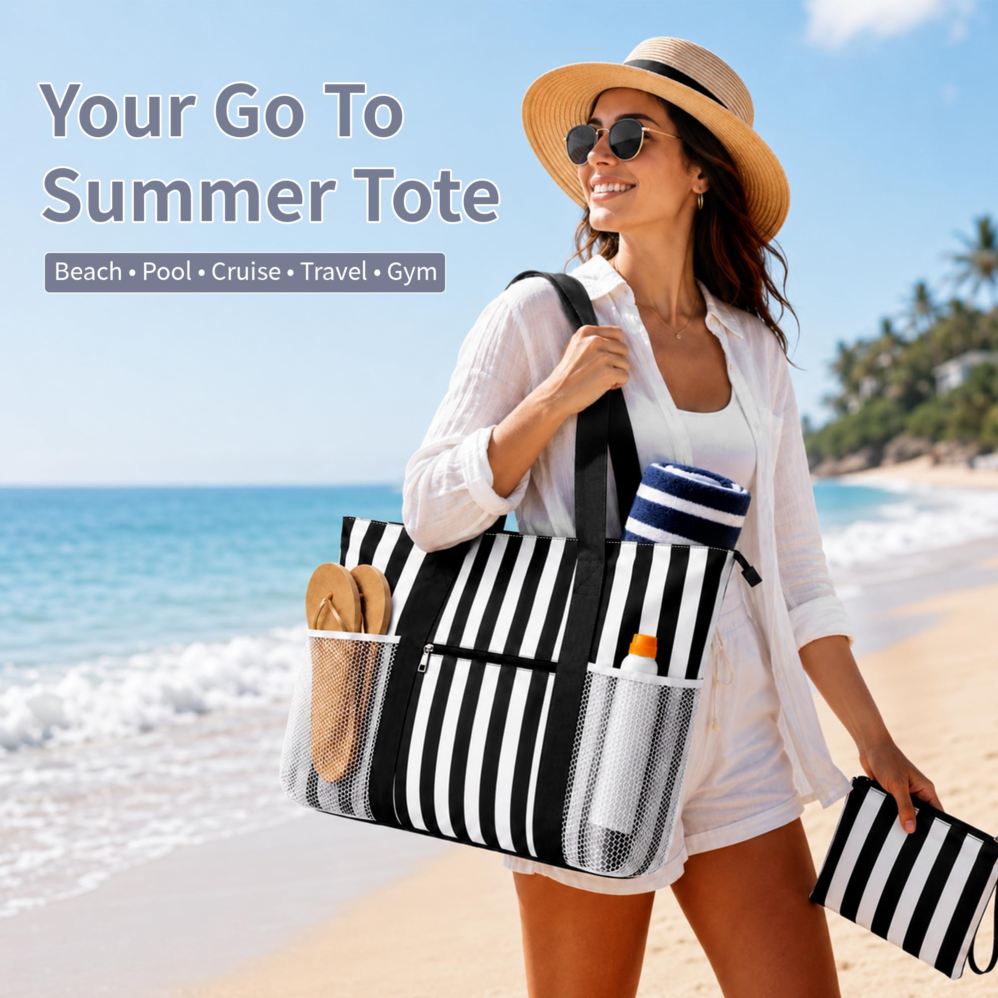 TAHAVICE 35L Große Strandtasche Damen, XXL Badetasche mit 5 Fächern & Nassfach, Wasserdichte Familie Strandtasche mit Reißverschluss, Beach Bag für Reise Strand Pool