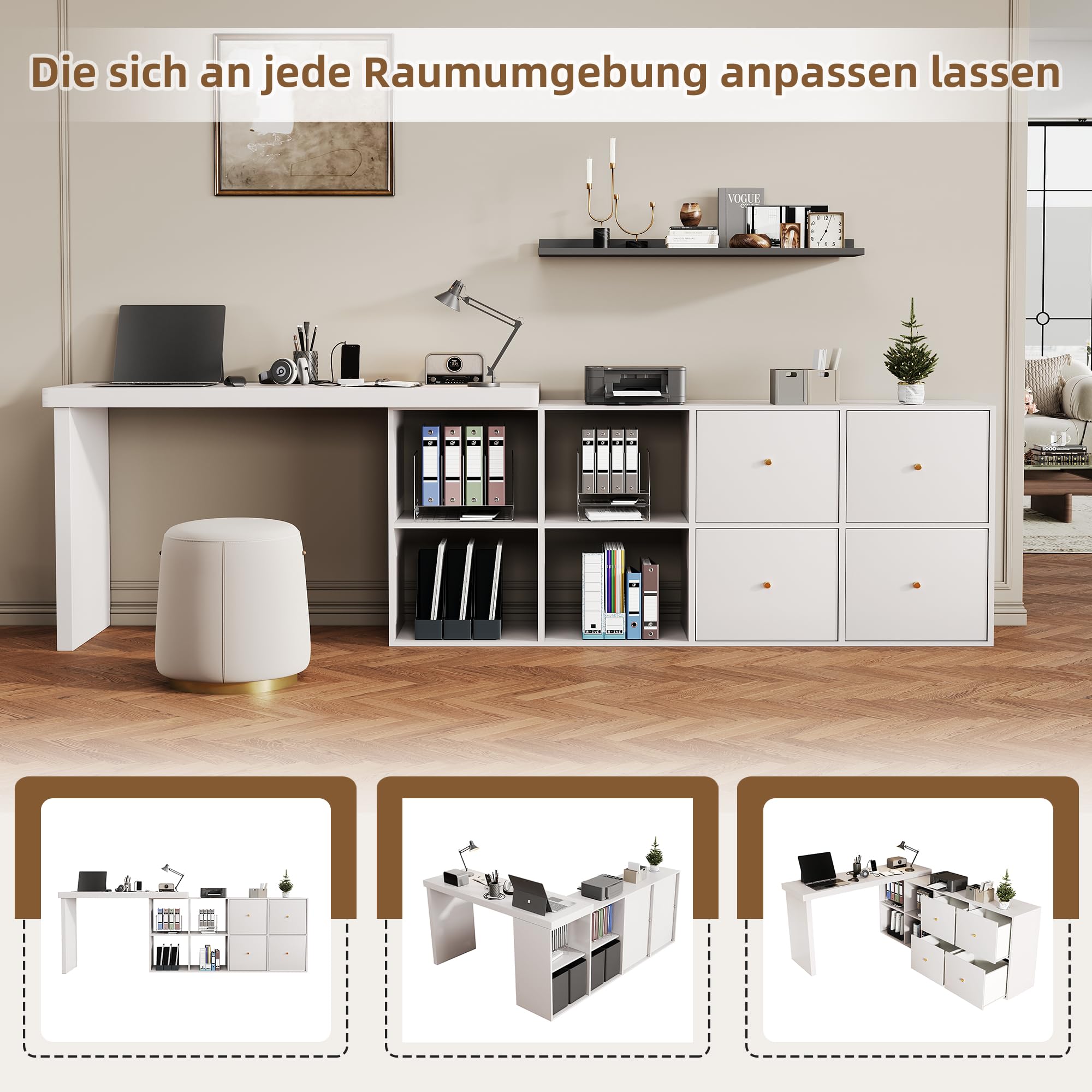 Kebnor Mesa esquinera, tablero orientable 360°, en forma de L o de pie recto, tablero de fibra de densidad media, tablero y patas reforzadas de 4 cm, con 4 compartimentos, cajones, escritorio