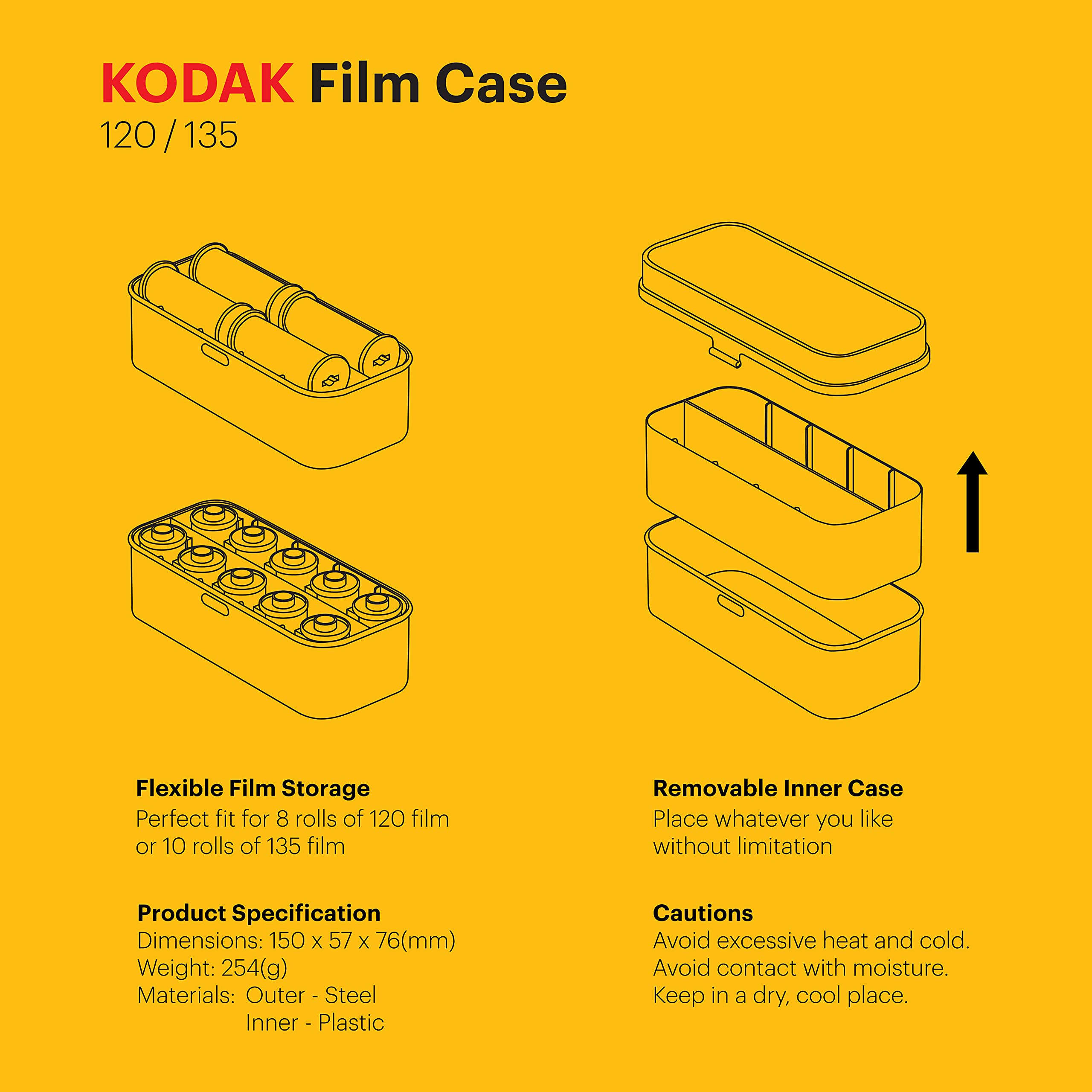 KODAK Etui foliowe 120/135 - na 8 rolek 120 folii / 10 rolek folii 35 mm - stalowa obudowa retro do sortowania i zabezpieczania folii (niebieska góra/żółty korpus)