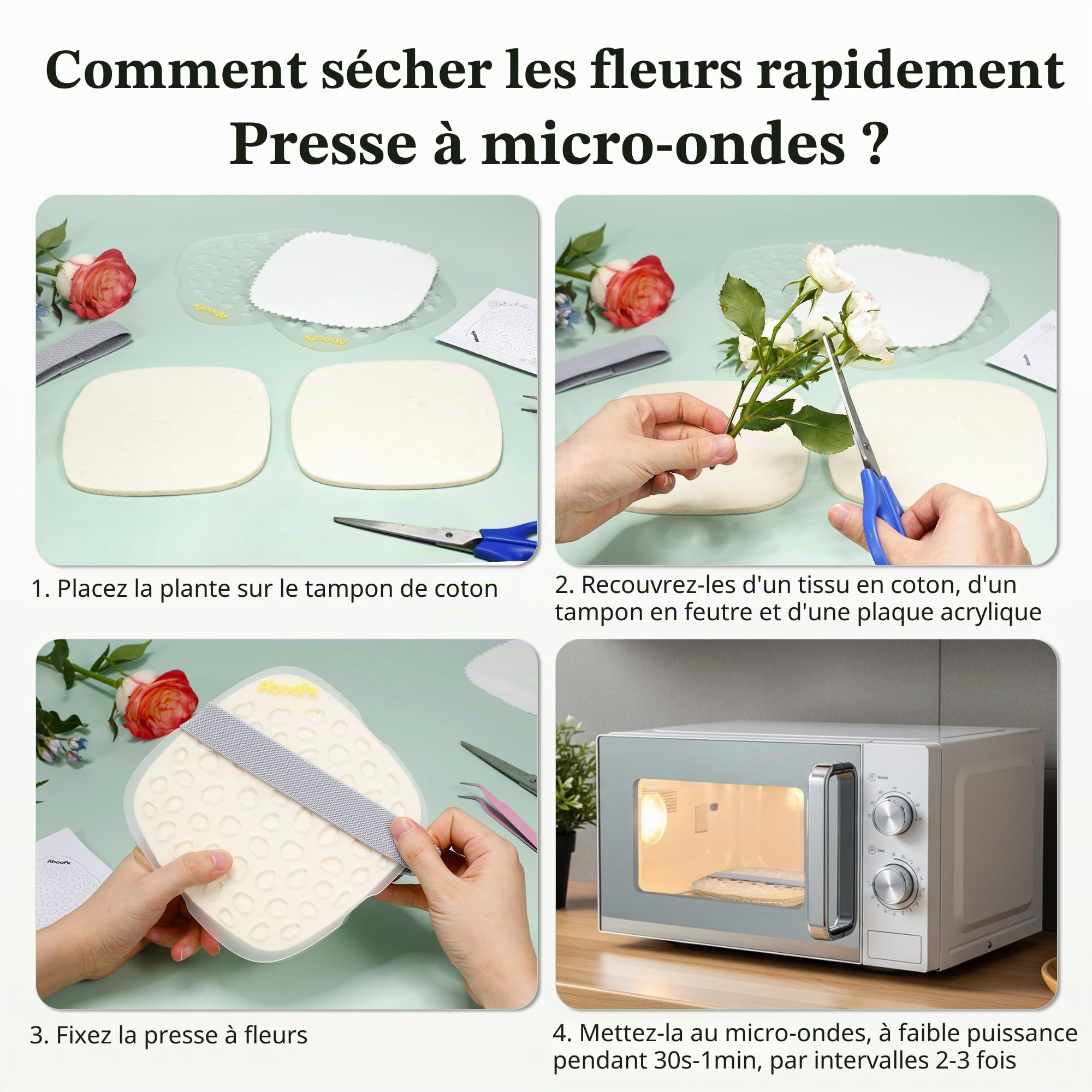 Kit de Presse à Fleurs Micro-ondes Séchage Rapide 16x16 cm Aboofx avec Tissu Lavable, Préservation Rapide de Bouquet de Mariage