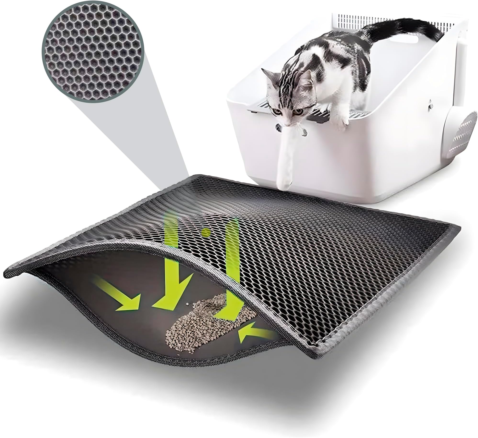 SAWA Health & Household Cat Litter Mat, Cat Litter Trapping Mat, Honeycomb Double Layer Design, Urine and Water Proof Kitty Litter Mat, Easier to Clean, Washable (55x75cm, Gray)