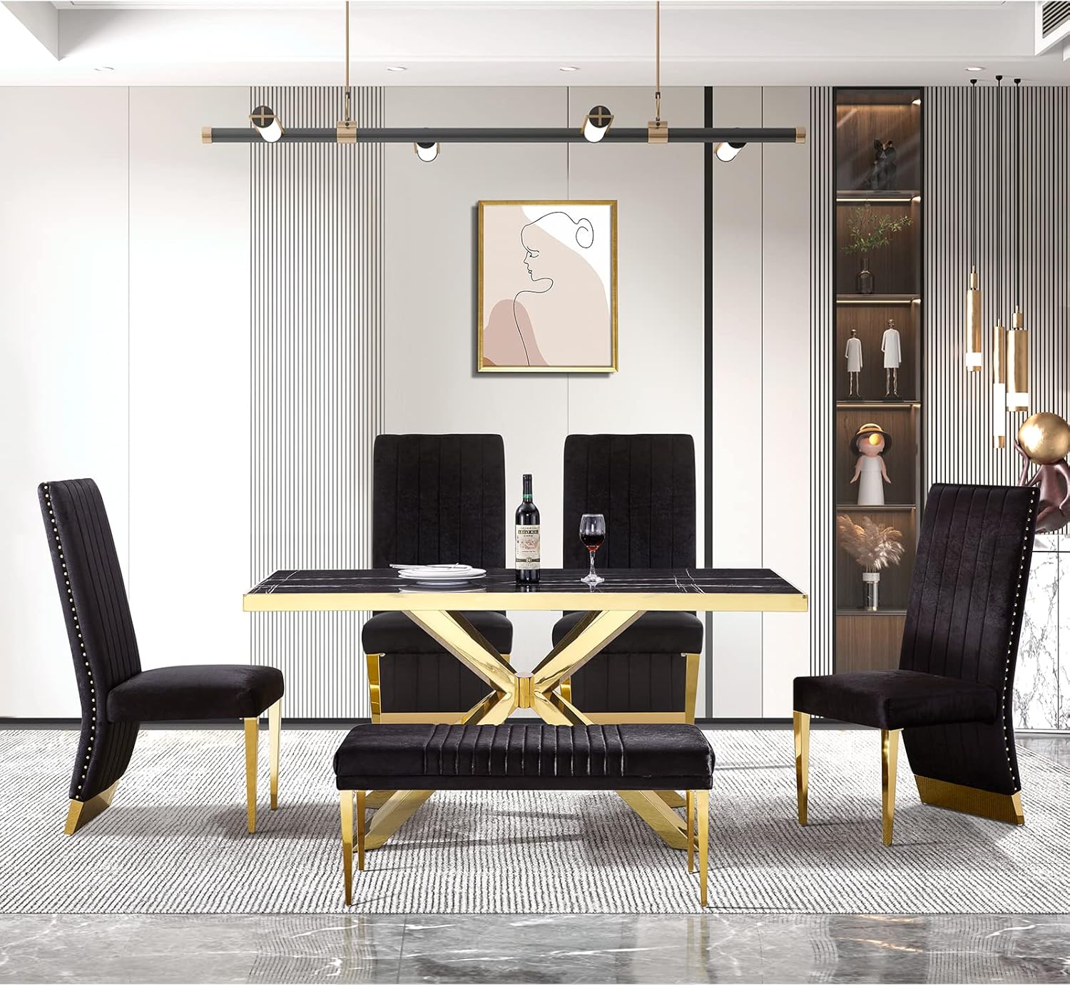 AZhome 6 Piece Black and Gold Dining Table Set, Kitchen Dining Table Set with Table