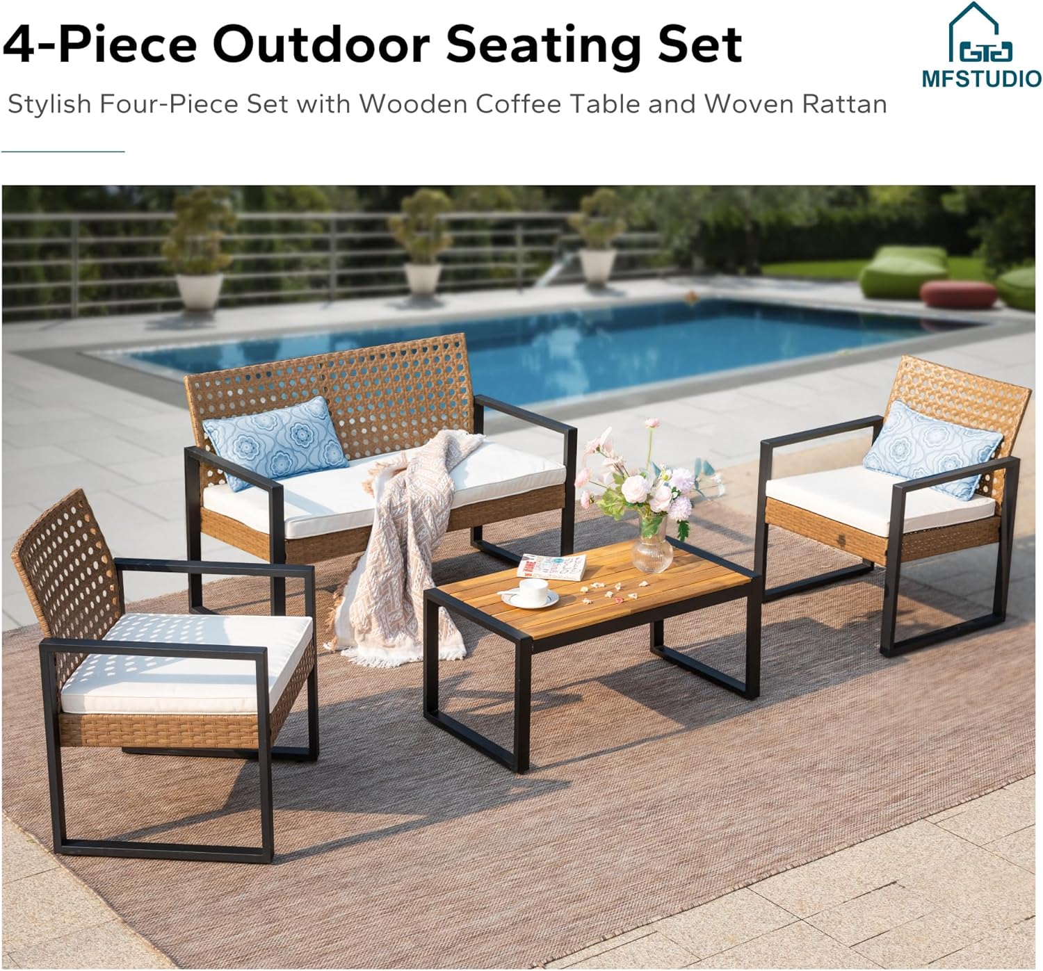 MFSTUDIO 4 Piece Wicker Patio Furniture Set, Small Patio Sofa with Loveseat & Chaise & Acacia Wood Table, Outdoor Sectional Couch with Wood Table, Beige