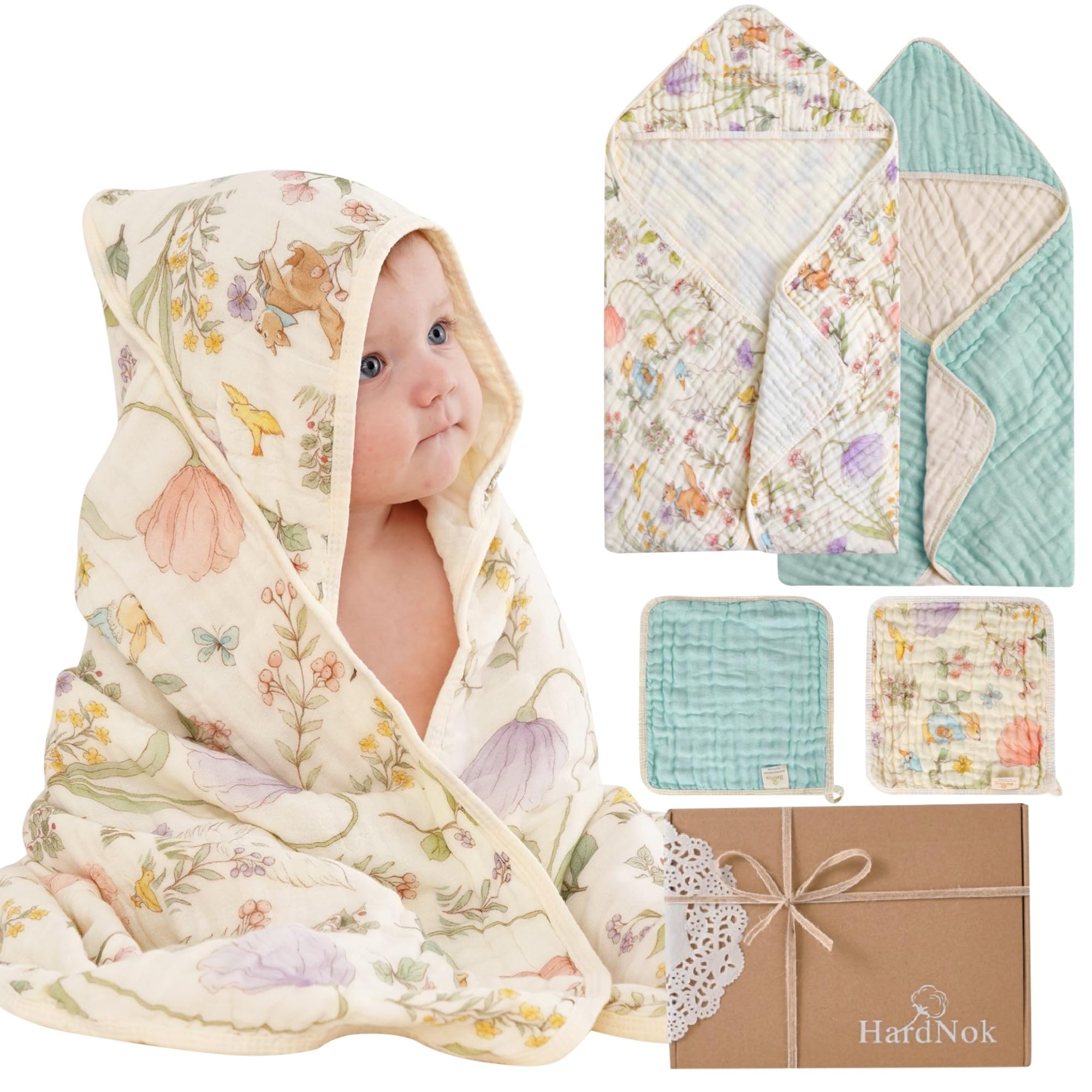 HardNok 4-Piece Muslin Baby Towel Set - Made with Organic Cotton, (2) 6-Layer 32x32 Towels & (2) Washcloths, Bath, Beach & Pool Gift Set (Woodland