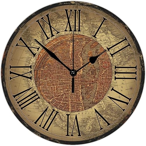 Reloj de pared de madera, estilo vintage, mapa del mundo antiguo, movimiento de barrido preciso, reloj de pared redondo, estilo rural, reloj de
