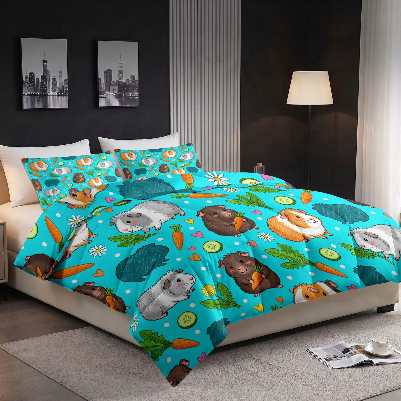 Edredón para mascotas 4 estaciones, color verde azulado, con cobaya, reversible, cálido, con 2 fundas de almohada, 155 x 220 cm, algodón lavable, suave, para todo el año, sin funda