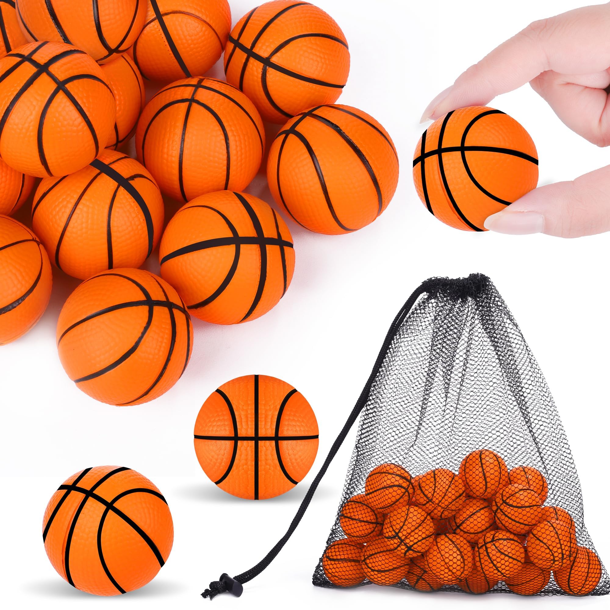 Aodaer 24 Pack Mini Basketball Stress Balls with Drawstring Mesh Bag Fidget Toys for Adults Soft Foam Balls for Sports Party Favor Gifts