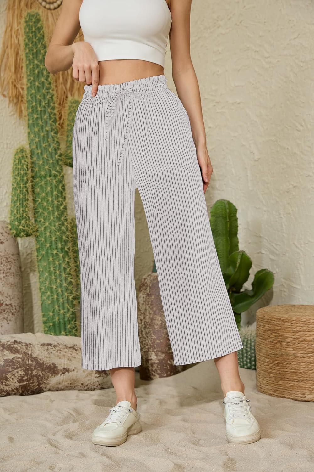 Womens Linen Pants Wide Leg High Waisted Drawstring Casual Flowy Pants with Pockets - Image 2