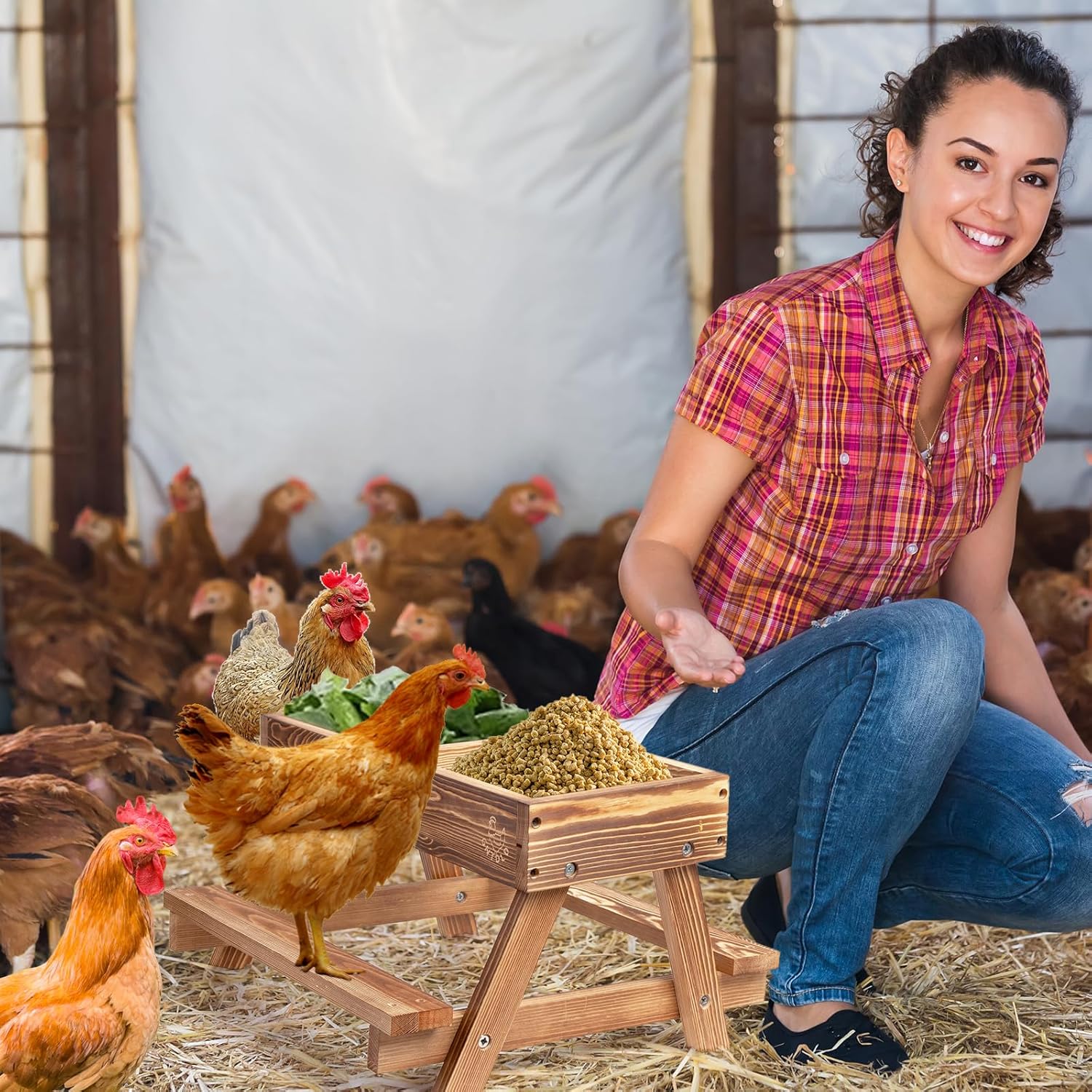 Chicken Feeders with Picnic Table, Handmade Carbonized Wooden Chicken Coop Accessories, Chicken Feeder No Waste, Mesh Bottom Keeps Food Fresh and Dry for Wild Birds, Ducks & Squirrels