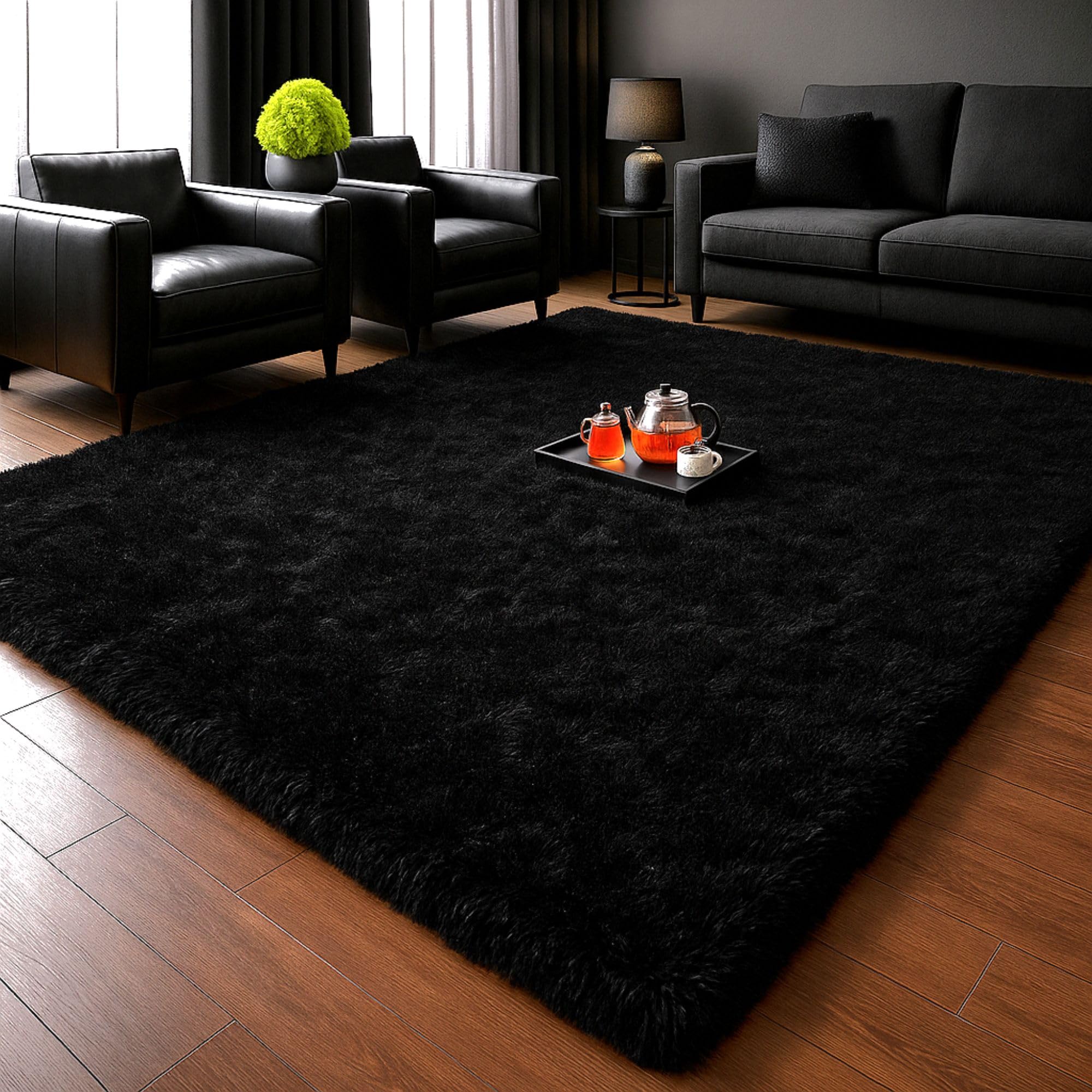 Aspire Homeware Rugs Living Room 120 x 170 Cm - Black Fluffy Rug - Area Rugs for Bedroom Large Modern Shaggy Rug Super Soft Non Slip Thick Pile