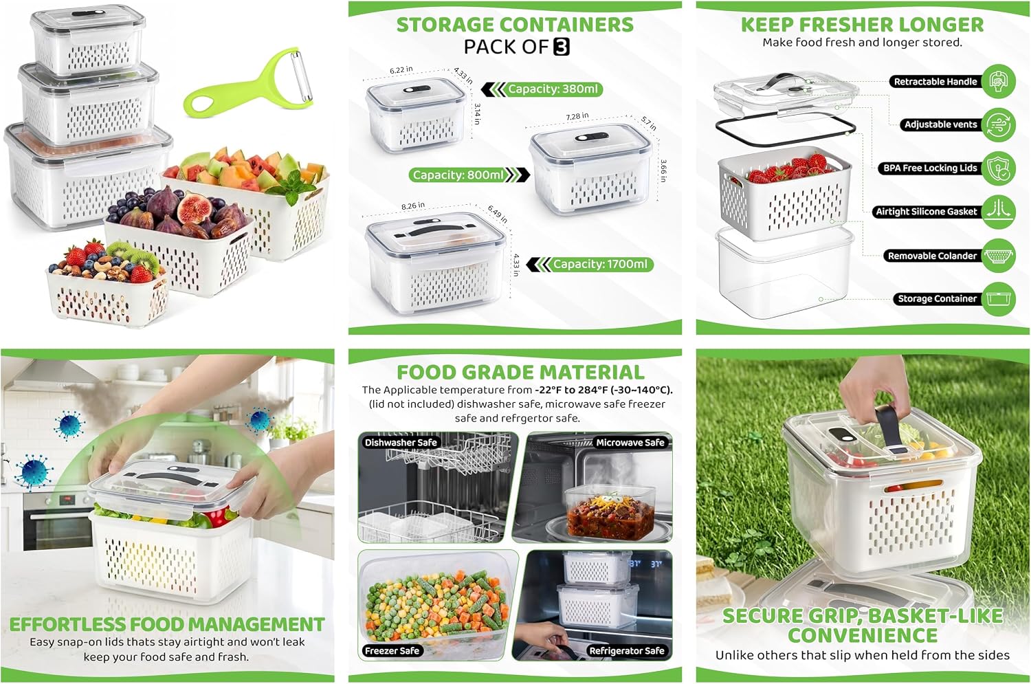 3 Pack Fridge Organizer for Fruit – Fruit Containers for Fridge with Removable Colander, BPA-Free Plastic Produce Keepers for Berry & Meat, Keeps Food Fresh Longer