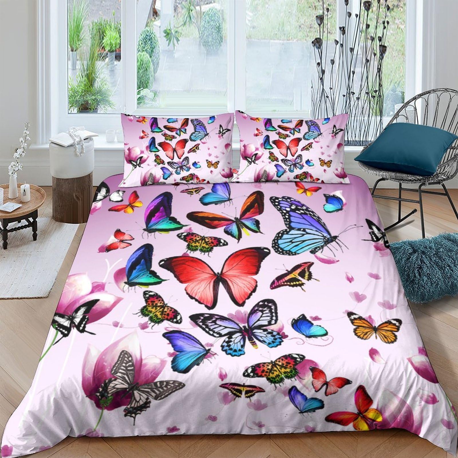 Ctjqhvkz Style-7 3D Printed Colorful Butterfly Fitted Sheet Microfiber Soft Non Slip Pink Floral Bed Sheet For Bedroom Guest Room Décor Single（135X200cm）