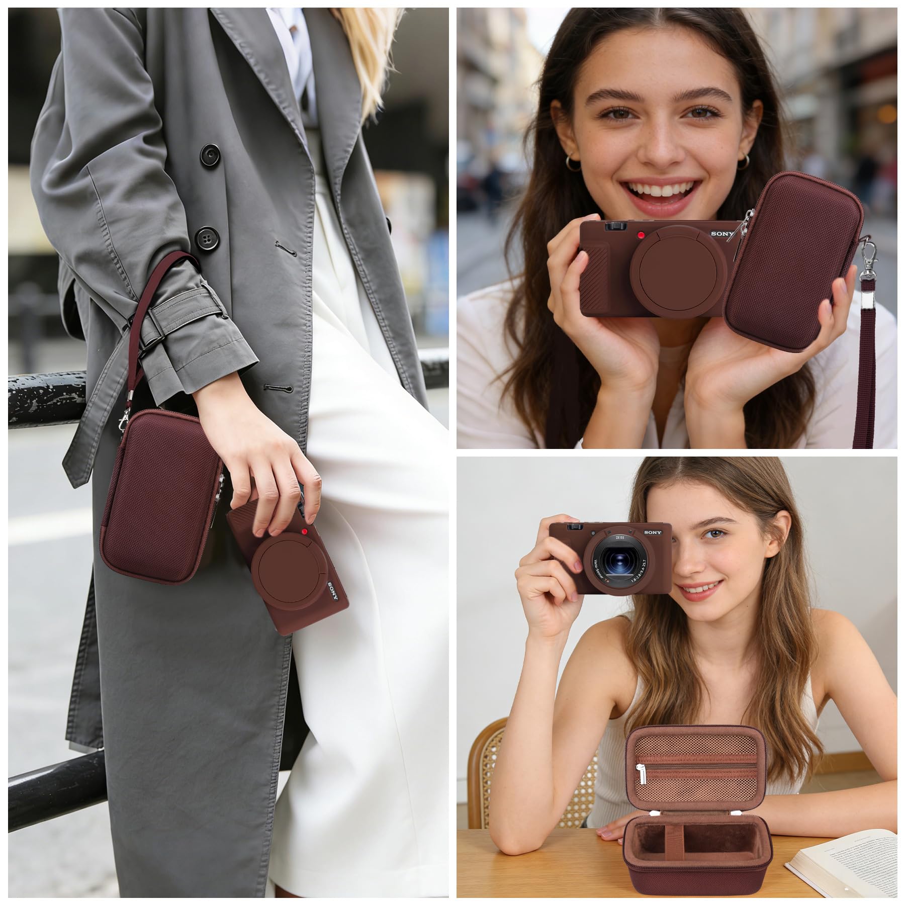 BOVKE 2-in-1 Kameratasche für Sony ZV-1 Premium Kompaktkamera für Content Creator, Silikon Hauthülle + Harthülle Tragetasche Schutzpaket für Sony ZV1 Kamera, Braun
