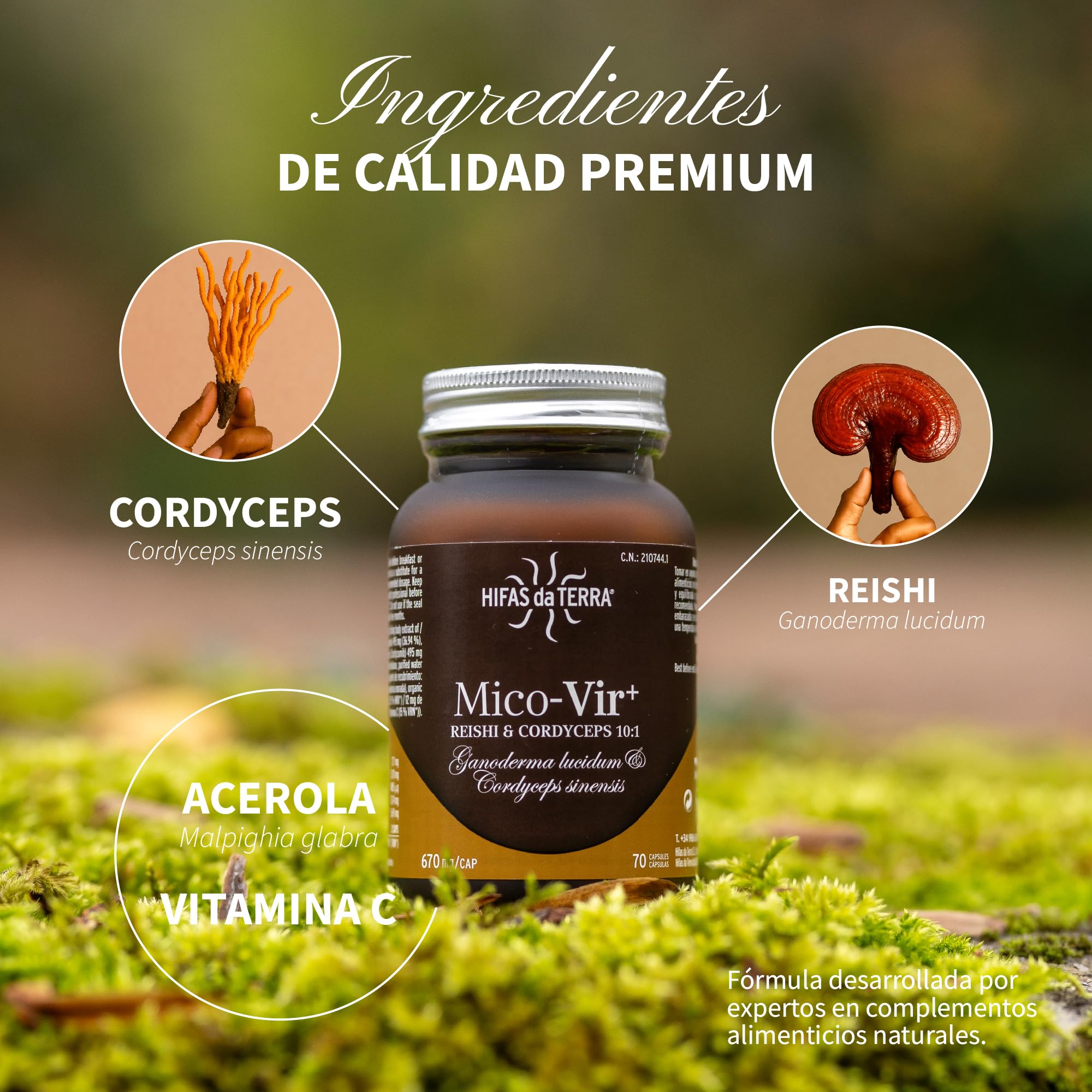 HIFAS DA TERRA - Mico-Vir+ Extractos Puros de Reishi y Cordyceps con Vitamina C - Refuerzo inmunitario natural, energía y recuperación - Extracto de Hongos - Refill 60 Cápsulas