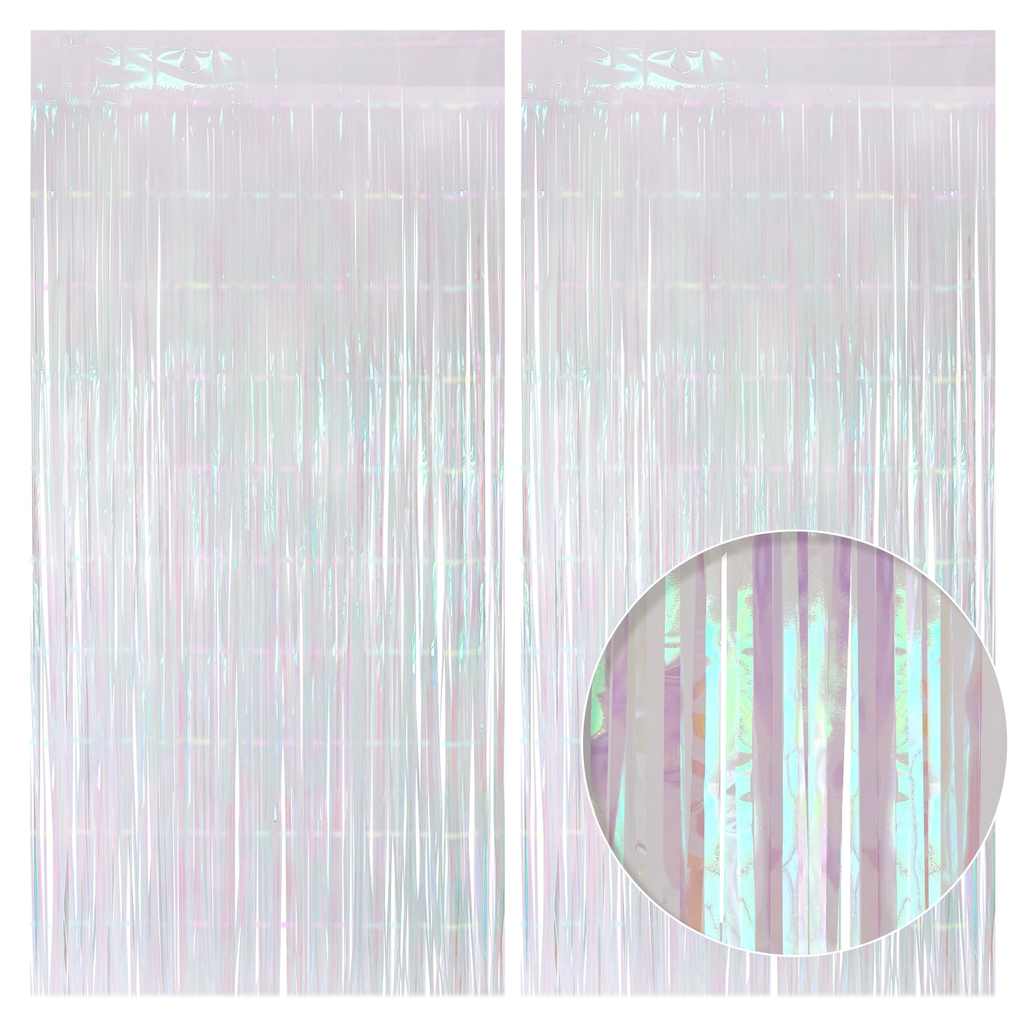 2 Pack White Iridescent Streamers Backdrop, 3.3x6.6ft Foil Fringe Curtains Silver Holographic Door Tinsel Streamers for Birthday, Wedding, Holiday,