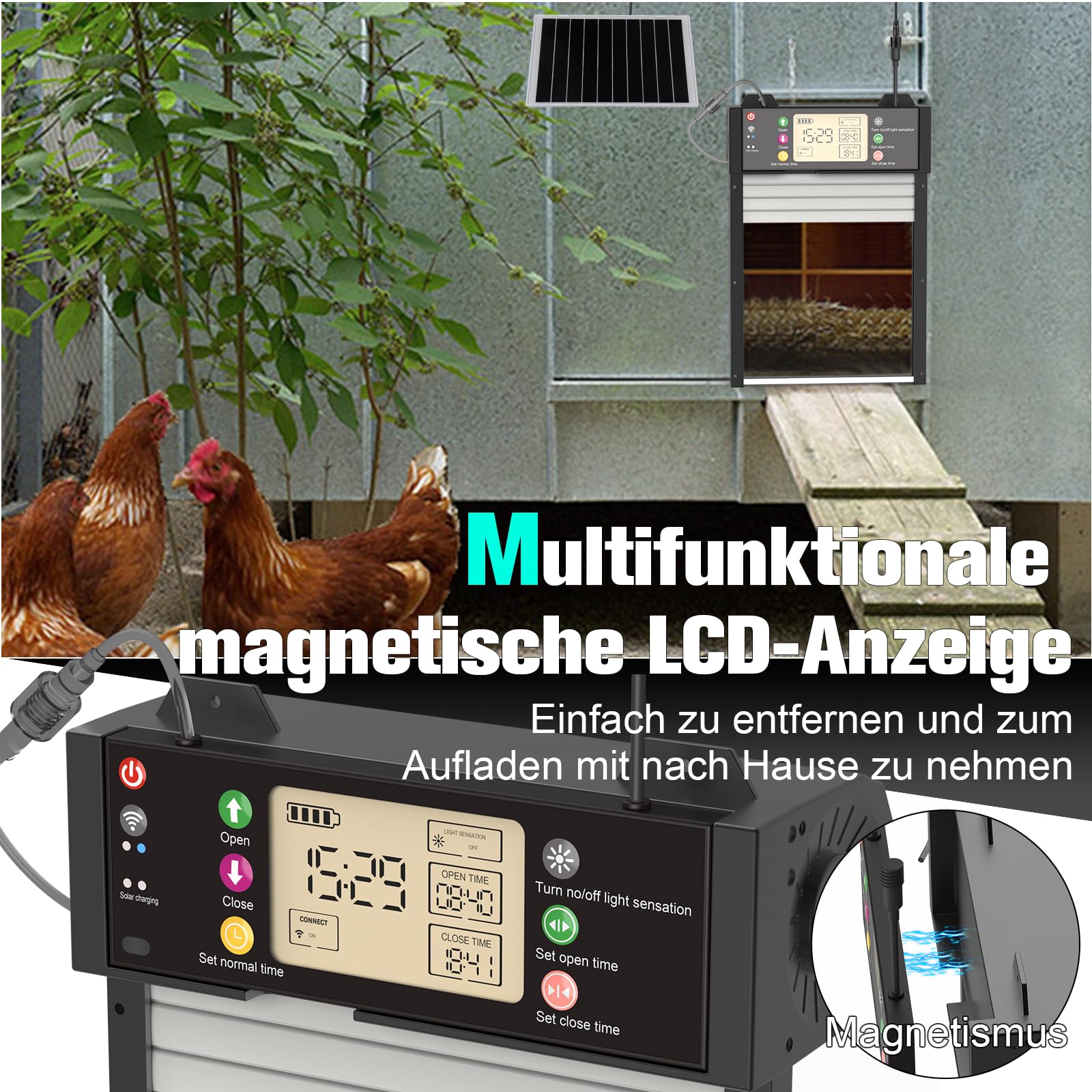 Gallinero automático solar con control por aplicación WiFi, puerta eléctrica automática con batería de 4000 mAh, temporizador, sensor de luz, protección contra pellizcos, pantalla LCD para gallinero