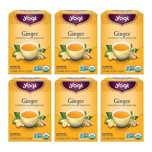 Yogi Tea - Ginger Tea (6 Pack) - Supports Healthy Digestion - Soothing and Spicy Blend - Caffeine Free - 96 Organic Herbal Tea Bags