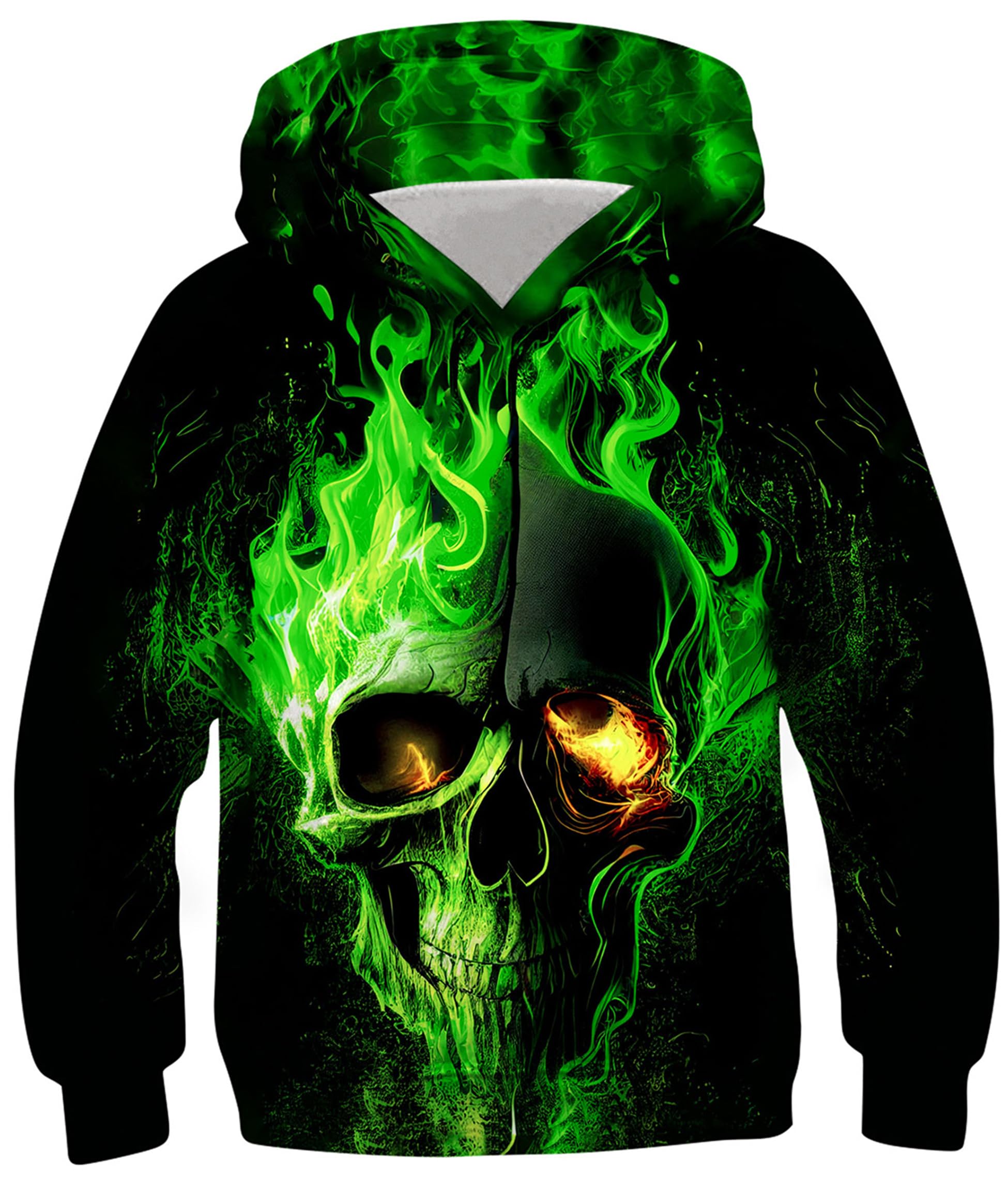 Ahegao Black Skelet Sweatshirts for Youth Boys Green Fire Hoodies Kid Long Sleeve Hoodys Pullover with Pocket Funny Athletic Sweater Shirts