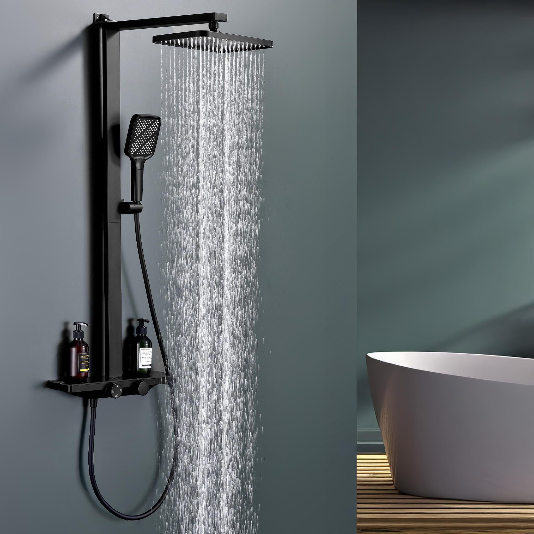 HOMELODY Duschsystem mit Thermostat und Glasablage Schwarz - Duscharmatur Komplettset mit 30x20 cm Regendusche Duschkopf und 3 Strahlarten Handbrause - Duschset mit Unterer Auslauf