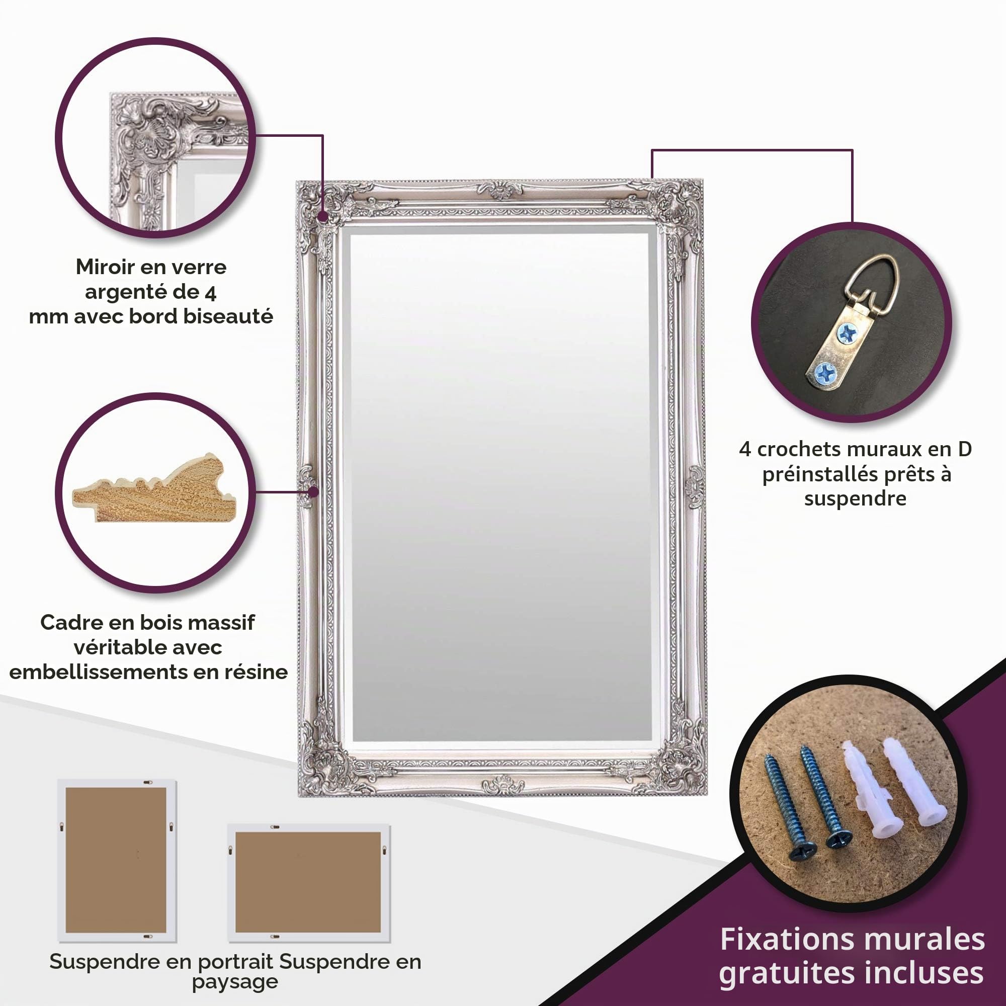 Select Mirrors Grand Miroir Mural Rhône - Style Baroque de Style Rococo - Bois véritable, Finis à la Main - 60 cm x 90 cm - Argent Antique