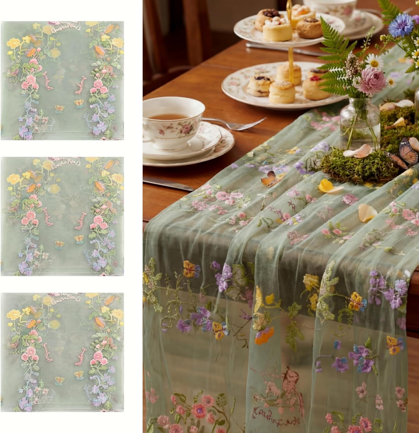 Sage Green Floral Table Runner 10ft Embroidery Tulle Spring Wildflower Table Runner Seasonal Summer Butterfly Kitchen Dining Gauze Decoration for Wedding Baby Shower Birthday Party (3 Pcs)