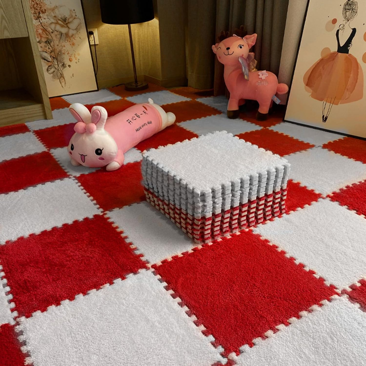 Splice Interlocking Carpet Foam Jigsaw Puzzle Mat, 10 Pieces Square Interlocking Carpet Tiles, Square Patchwork Interlocking Carpet Blocks Foam Carpet (Red+White)