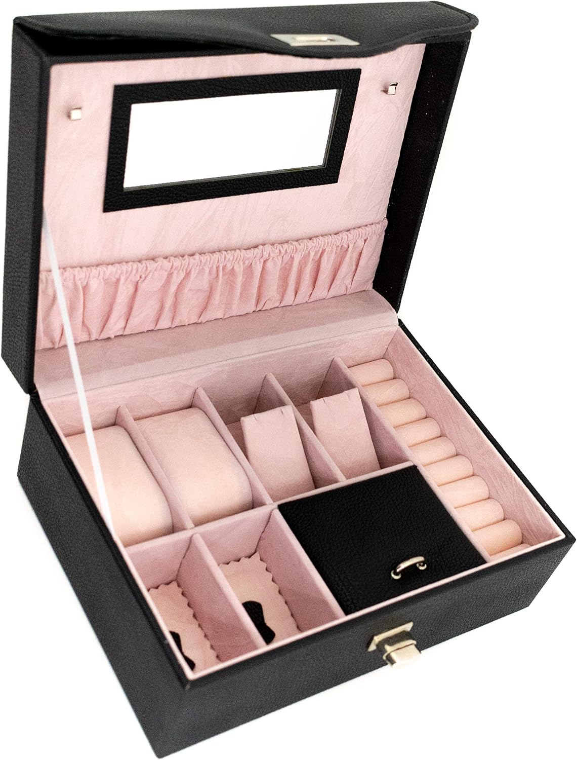 BLU MONACO Black Leather Mirrored Jewelry Box Organizer and Storage for Teens, Girls, and Women