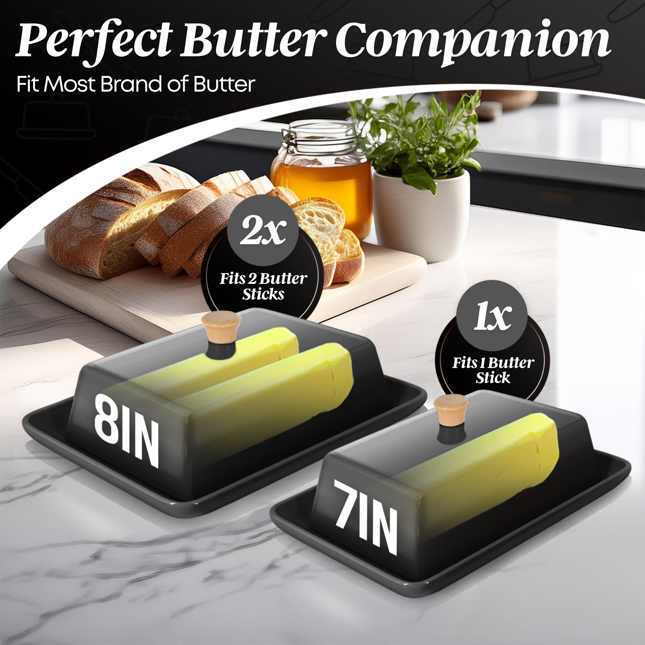 Flexzion Ceramic Black European Butter Dish with Lid for Countertop (7 Inch) - Image 3