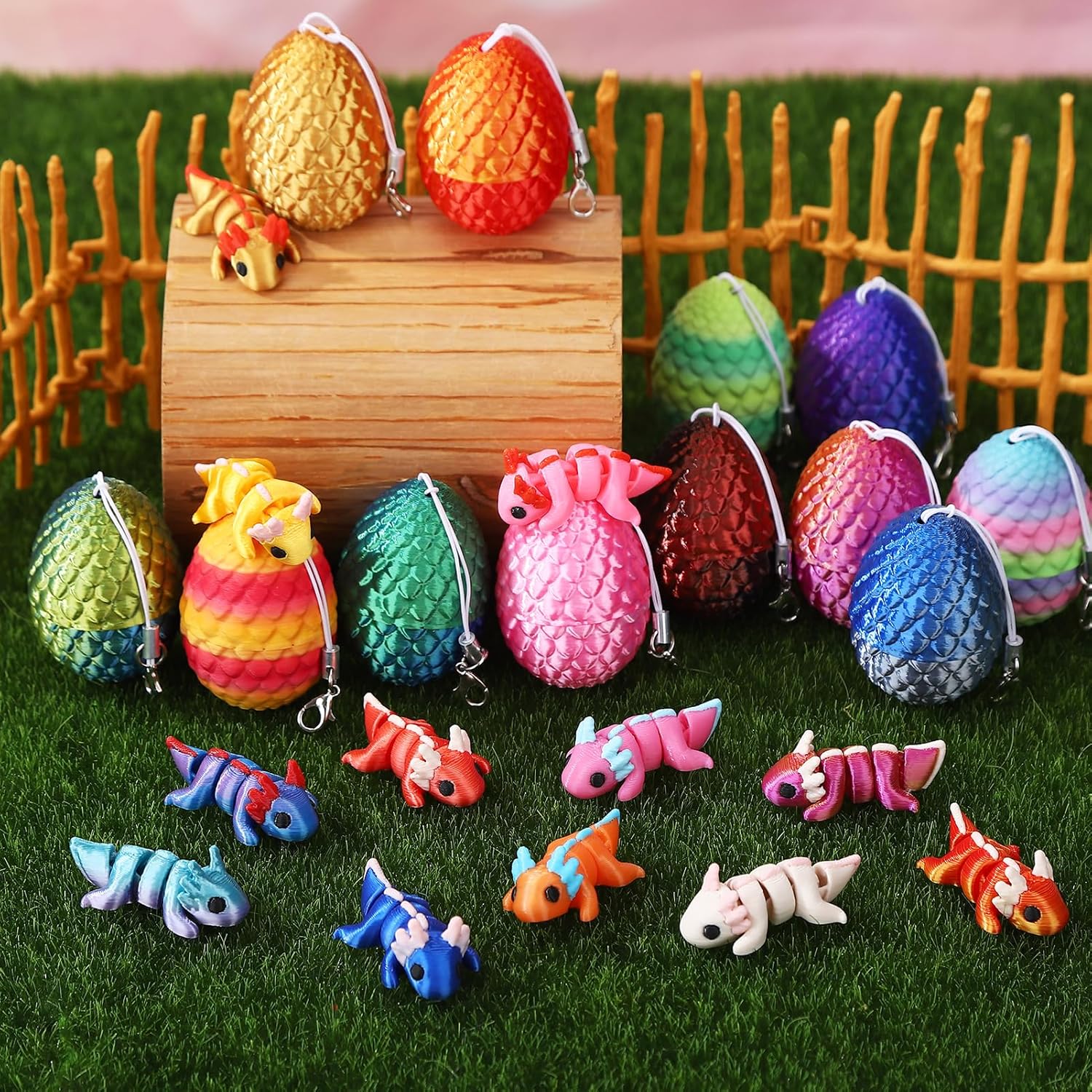 12 Pcs Mini 3D Printed Animal with 12 Pcs Mini Easter Eggs, Cute 3D Printed Axolotl Figurines Set Home Office Decor Easter Birthday Gifts Stress Relief Fidget Toys