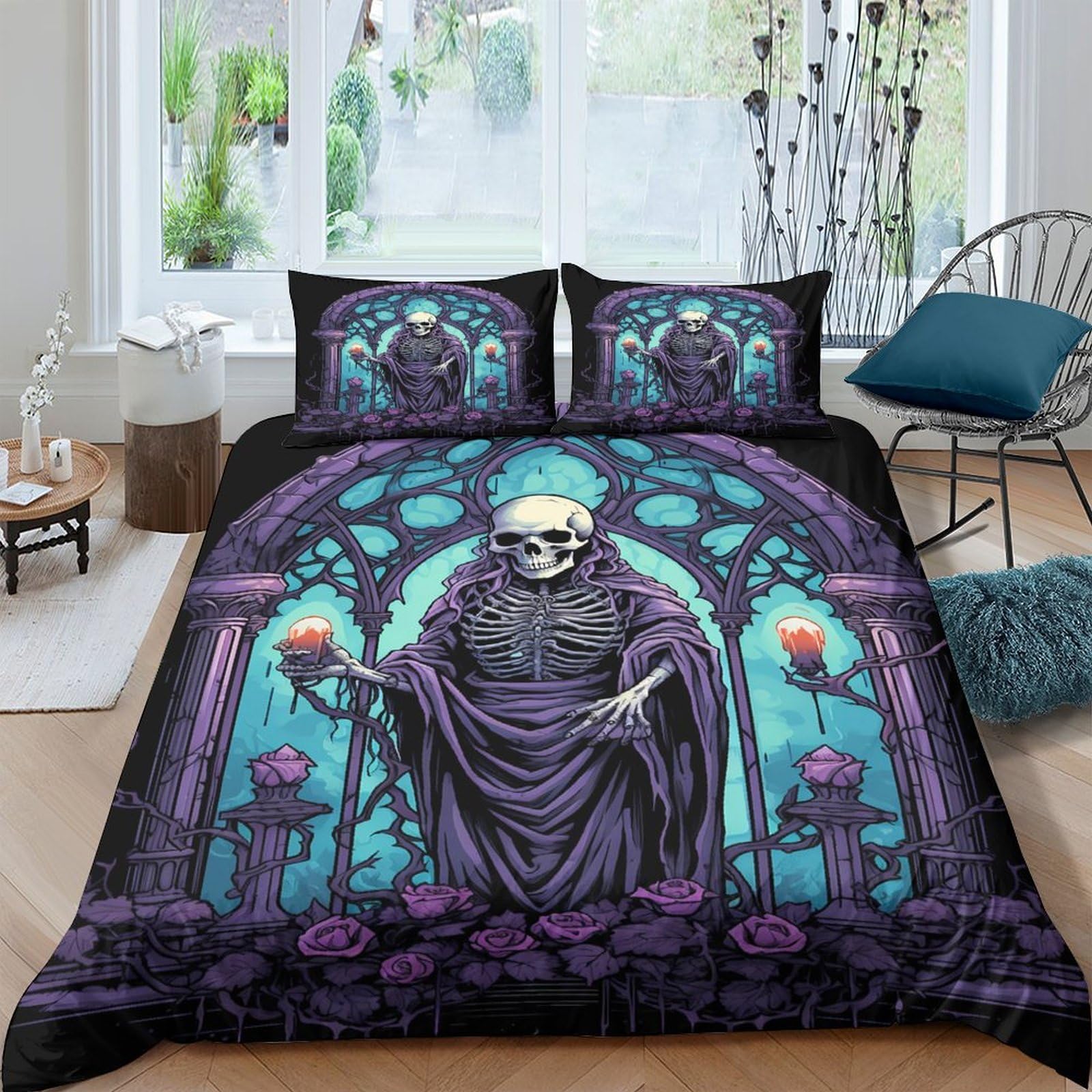 Ctjqhvkz Style-7 3D Printed Gothic Skeleton Fitted Sheet Microfiber Dark Purple Skull Bed Cover For Bedroom Guest Room Decor Single（135X200cm）